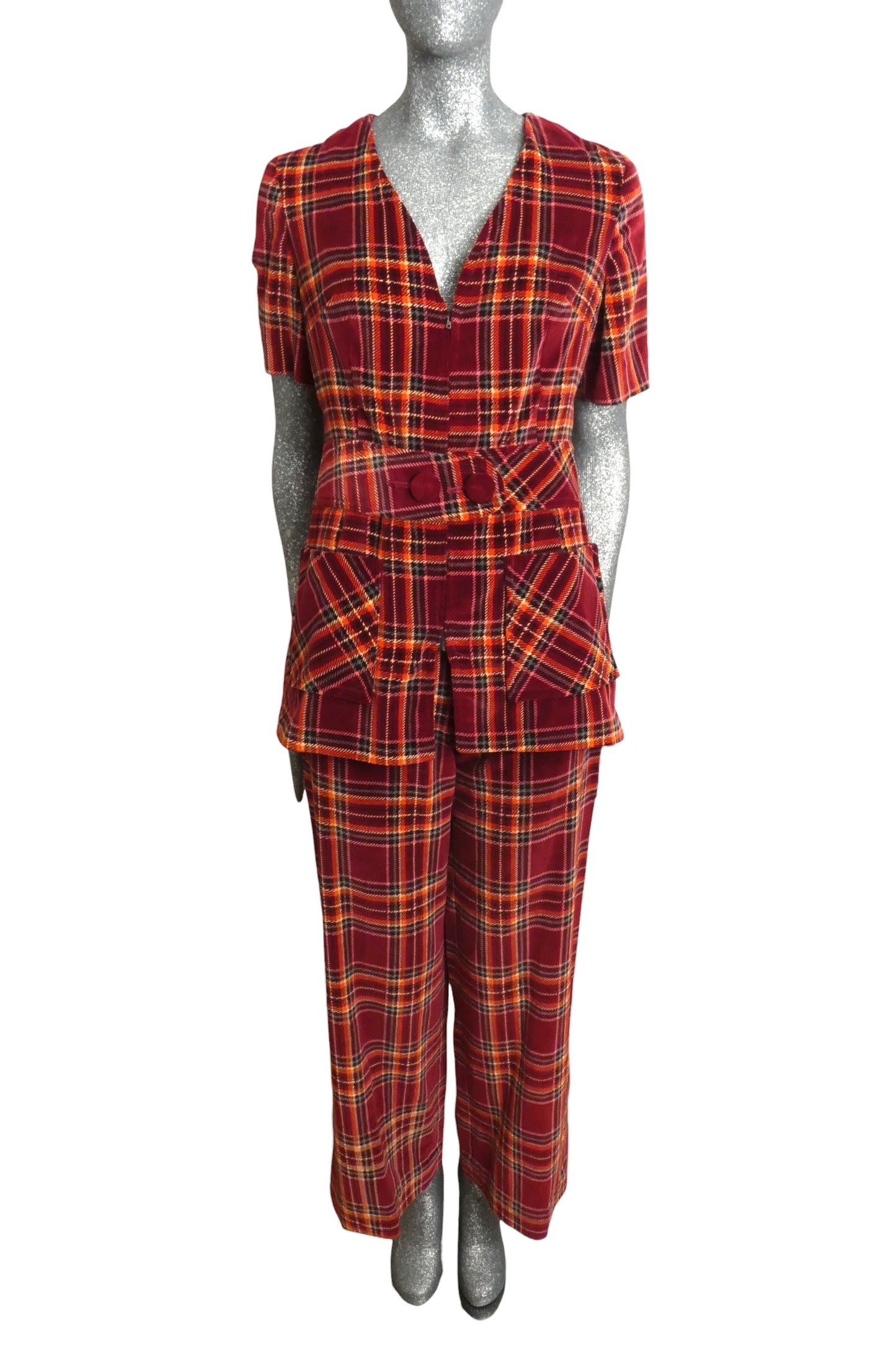1970s Plaid Velvet Pantsuit, Size 2