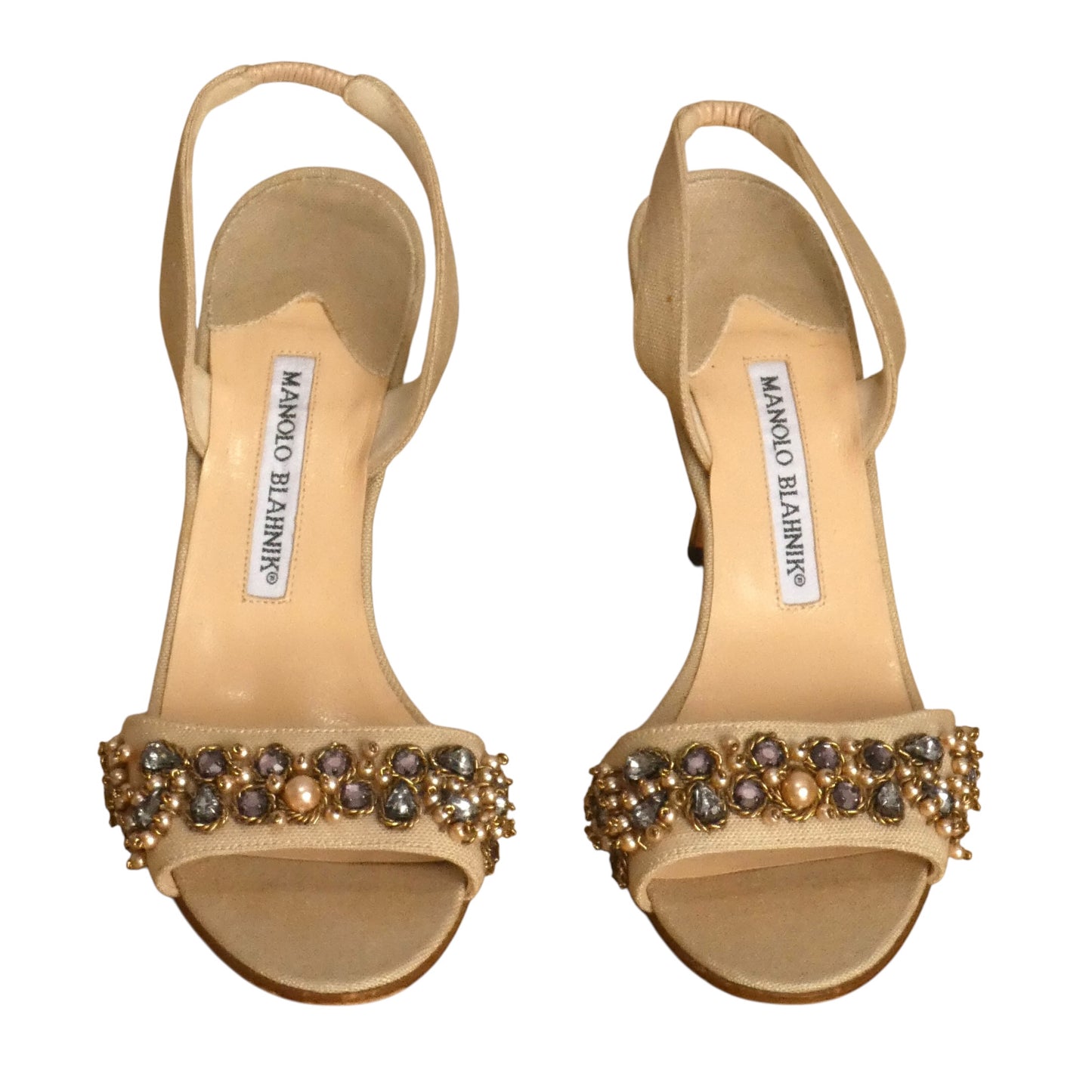 Beaded Linen Sling Back Sandals, Size 38