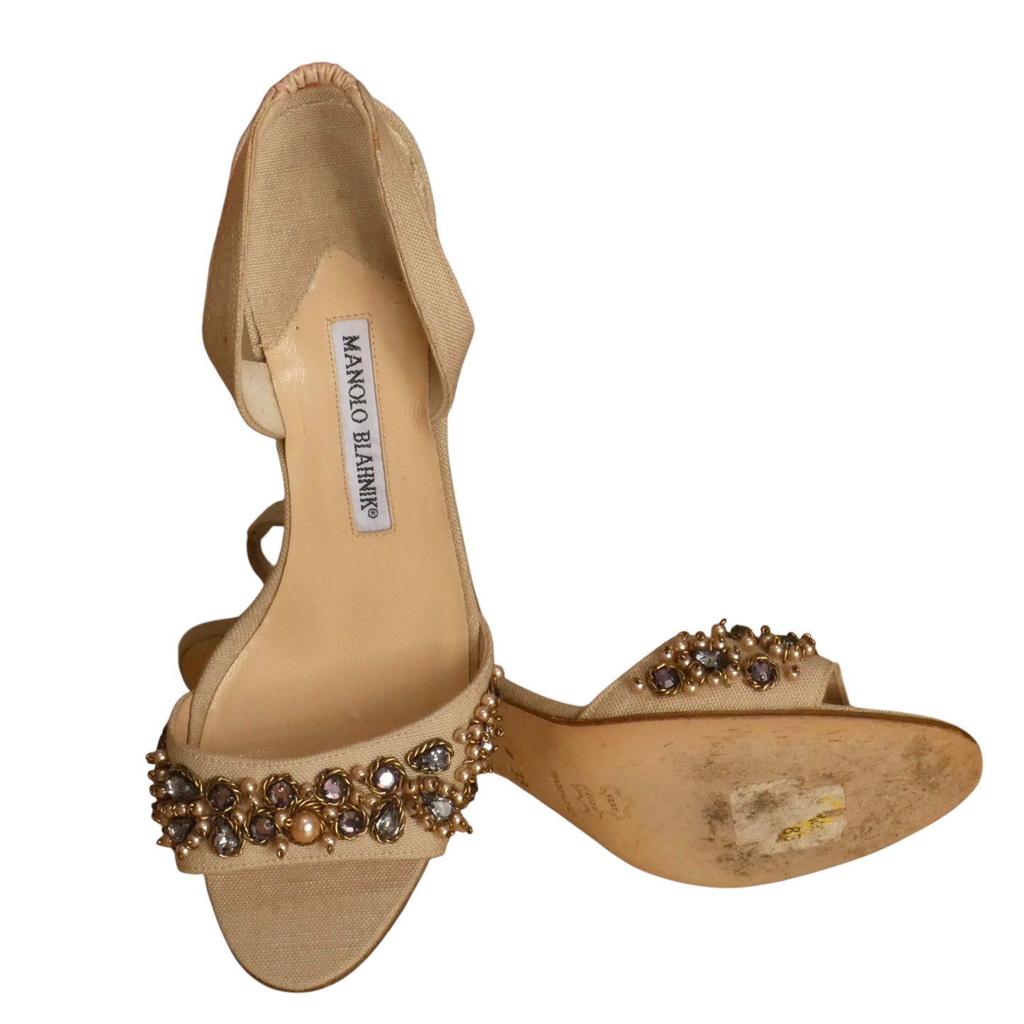 Beaded Linen Sling Back Sandals, Size 38