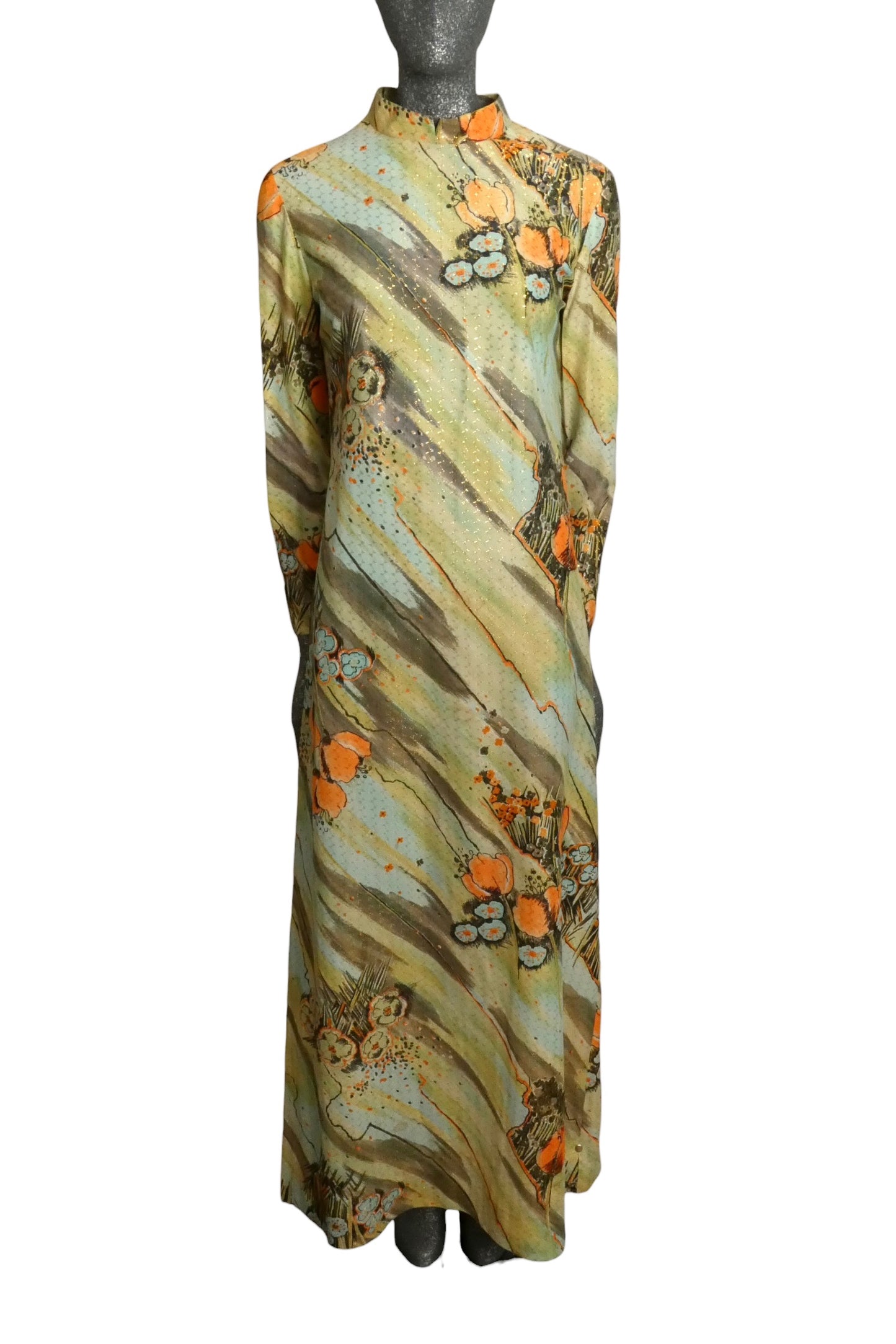 1970s Floral Knit Maxi Dress, Size-8
