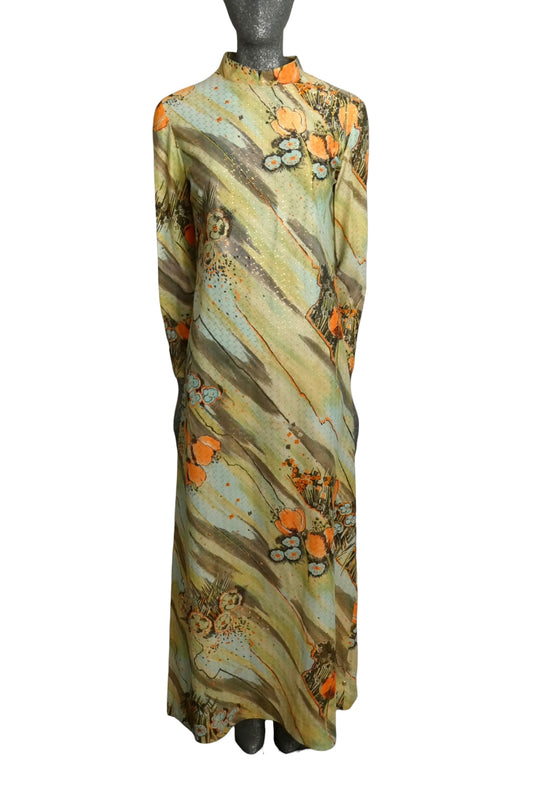 R&K KNITS - 1970s Floral Knit Maxi Dress, Size-8