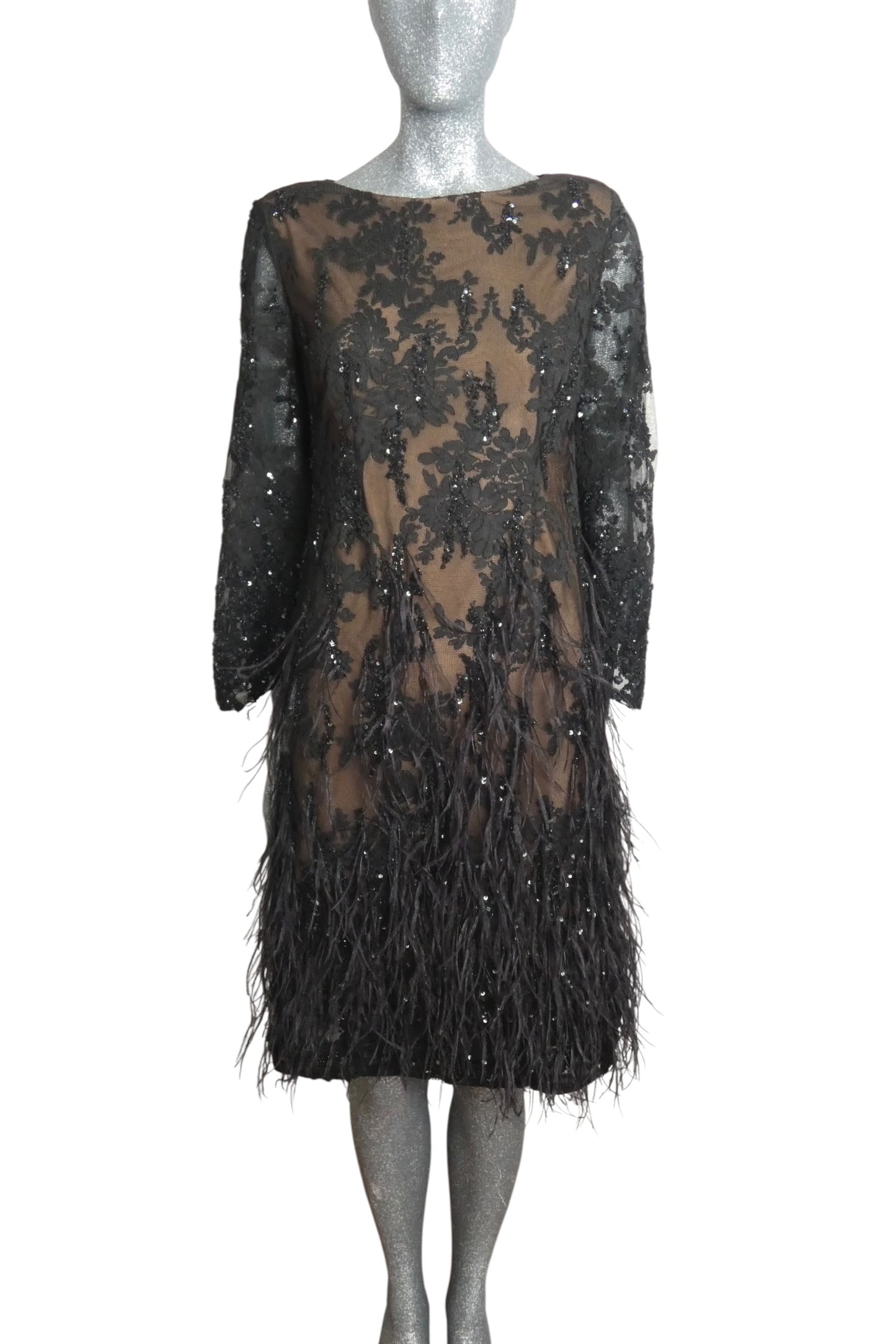 MARCHESA - Sequin & Feather Lace Dress, Size 6