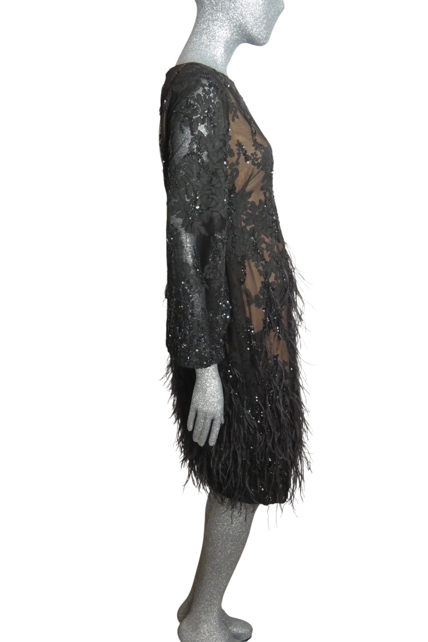 MARCHESA - Sequin & Feather Lace Dress, Size 6