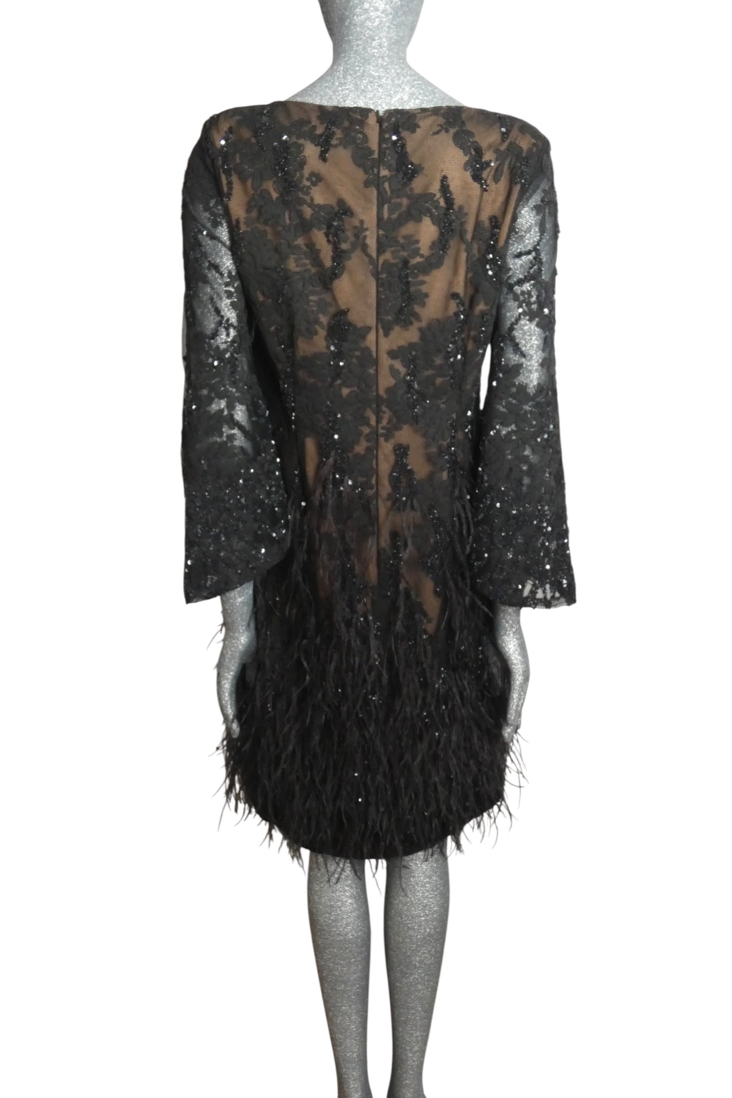 MARCHESA - Sequin & Feather Lace Dress, Size 6
