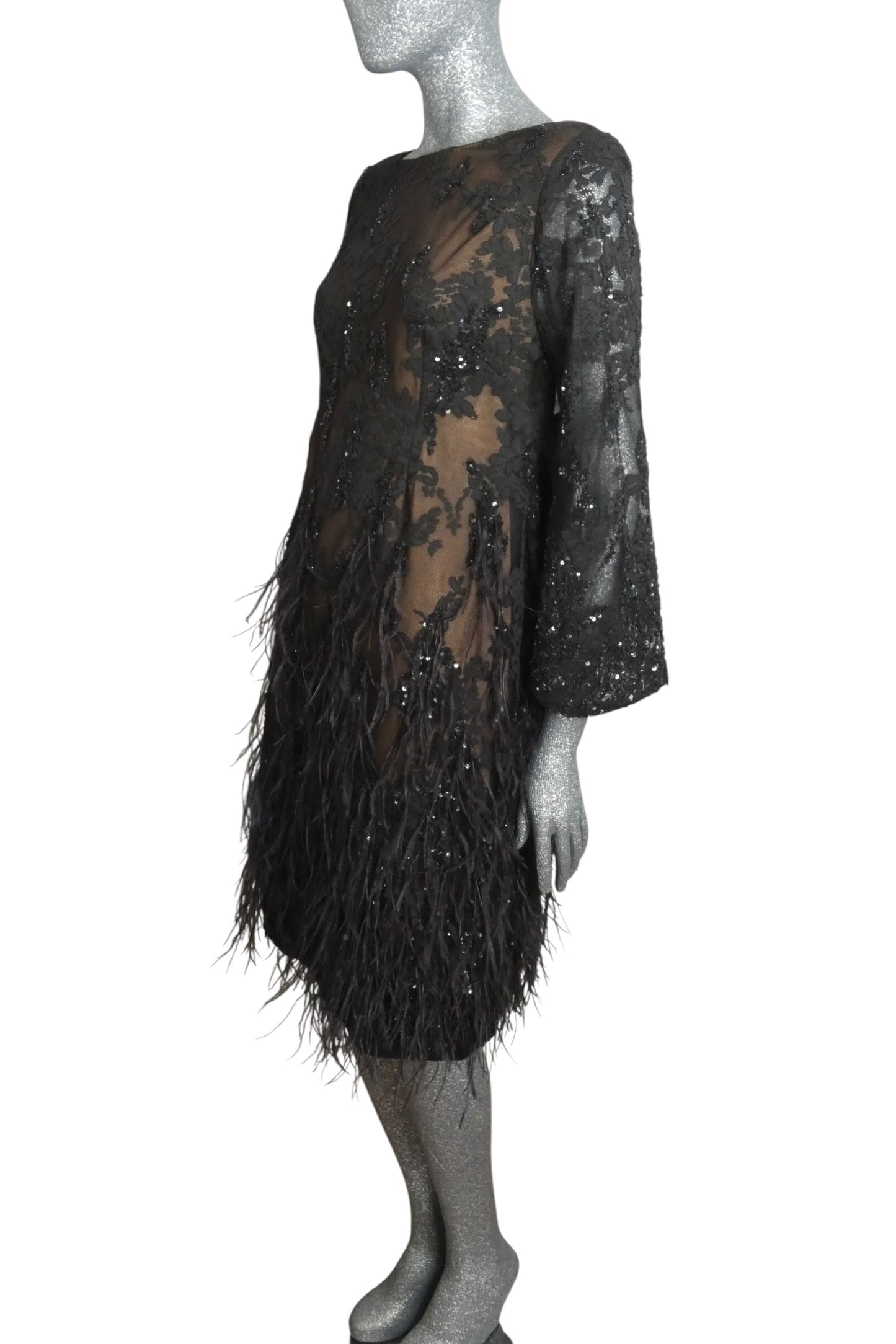 MARCHESA - Sequin & Feather Lace Dress, Size 6