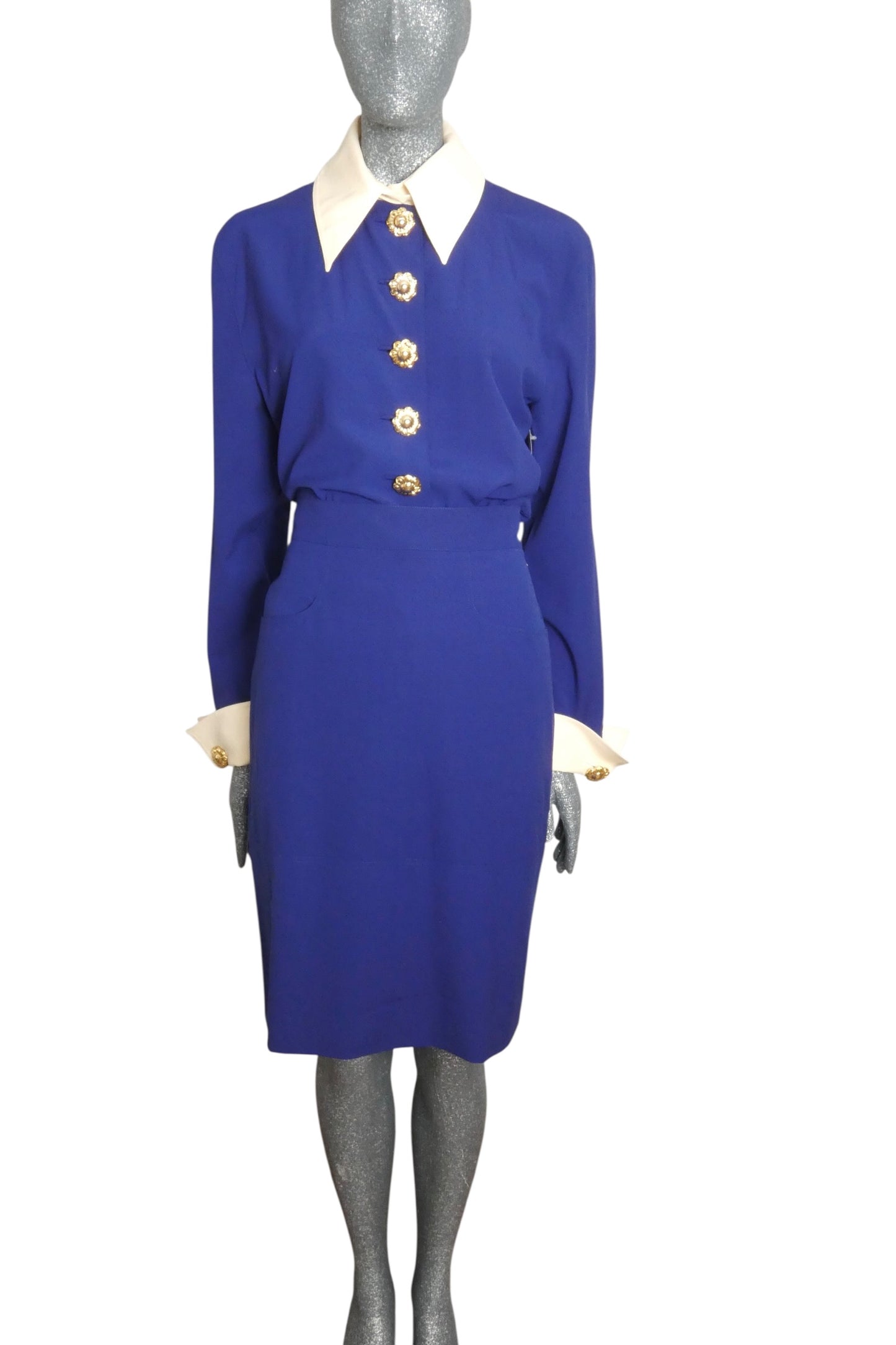 CHRISTIAN LACROIX - 1990 2pc Blue Gabardine Skirt Ensemble, Size-12
