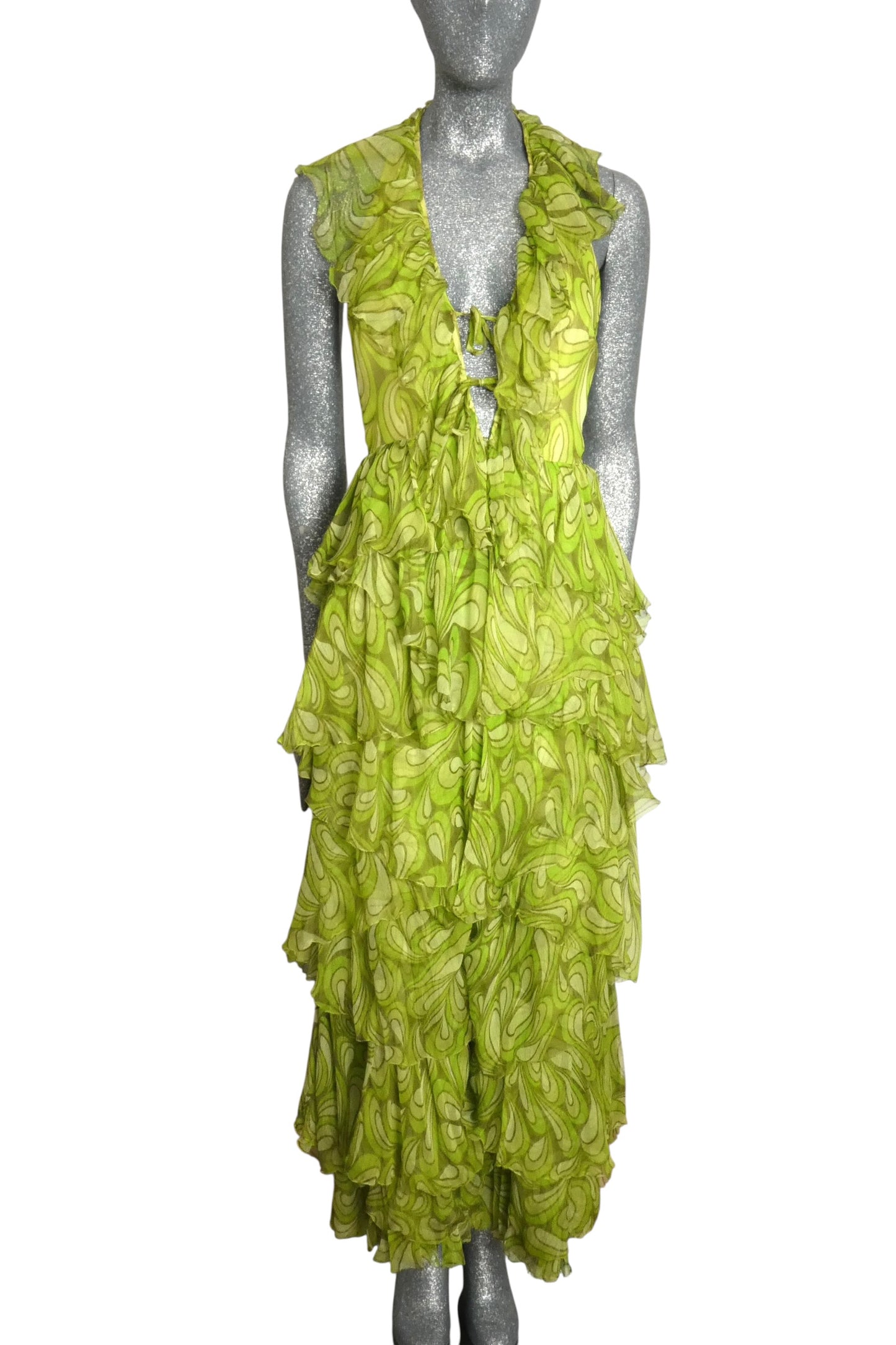 1960s Printed Green Chiffon Jumpsuit, Size-2