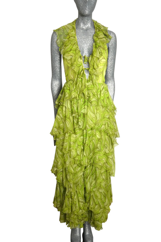 1960s Printed Green Chiffon Jumpsuit, Size-2