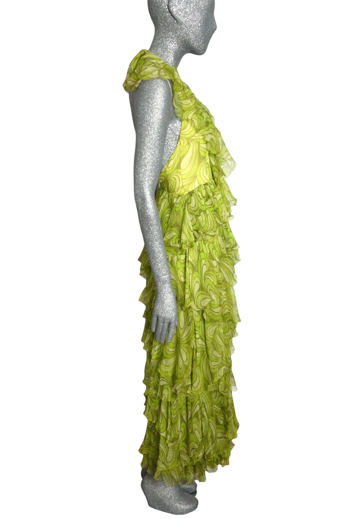 1960s Printed Green Chiffon Jumpsuit, Size-2