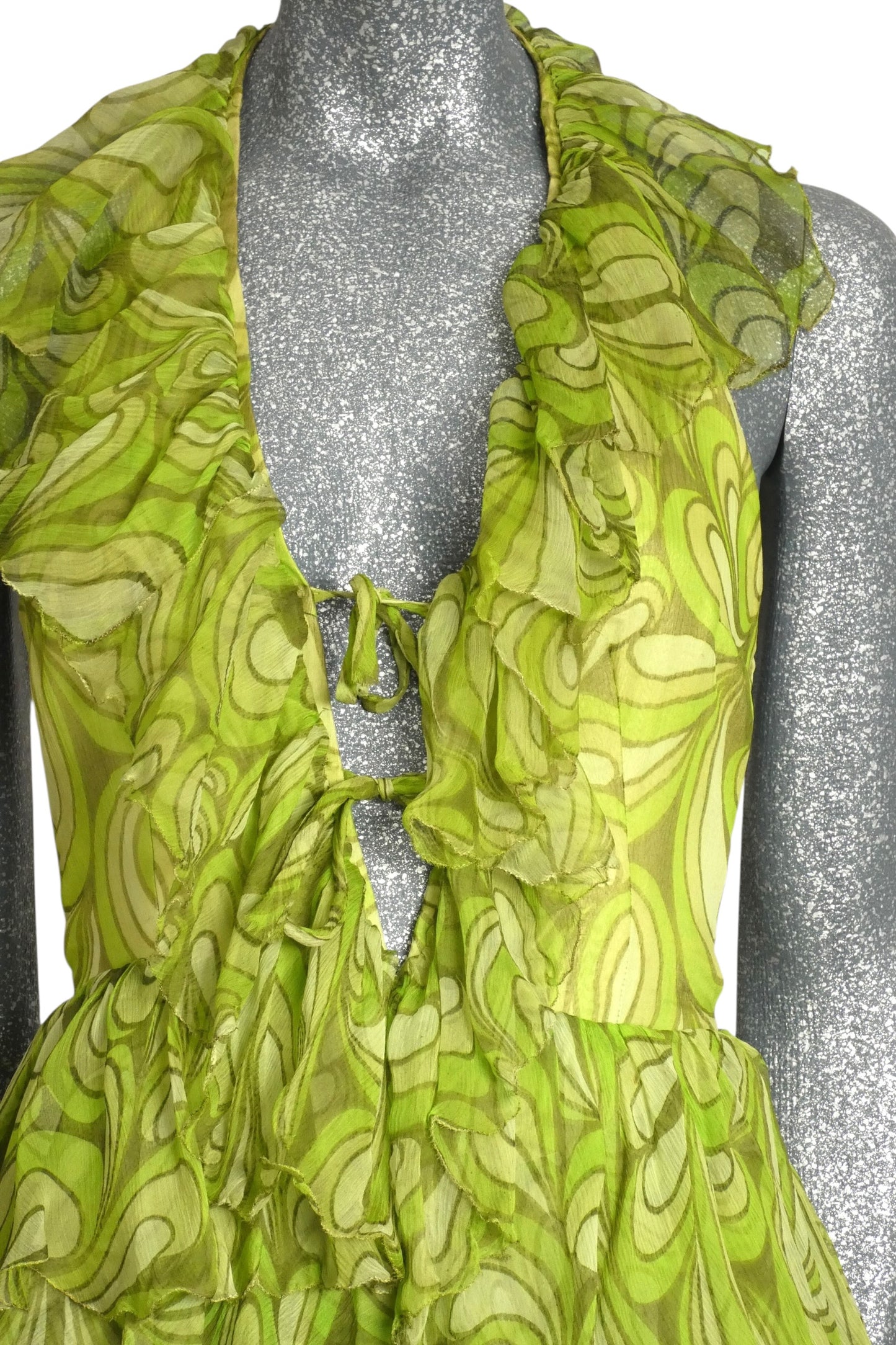 1960s Printed Green Chiffon Jumpsuit, Size-2