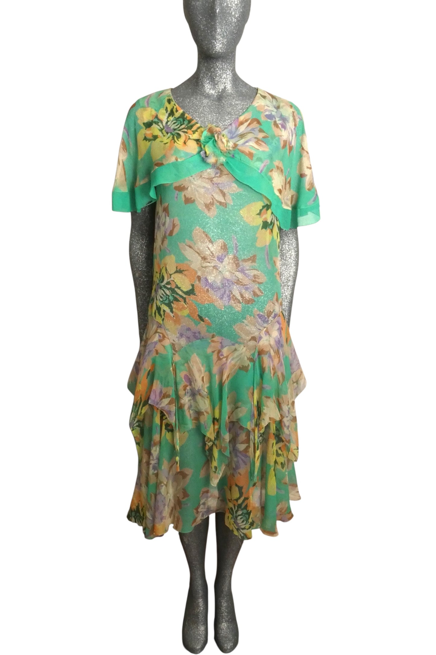 1920s Floral Chiffon Dress, Size 6