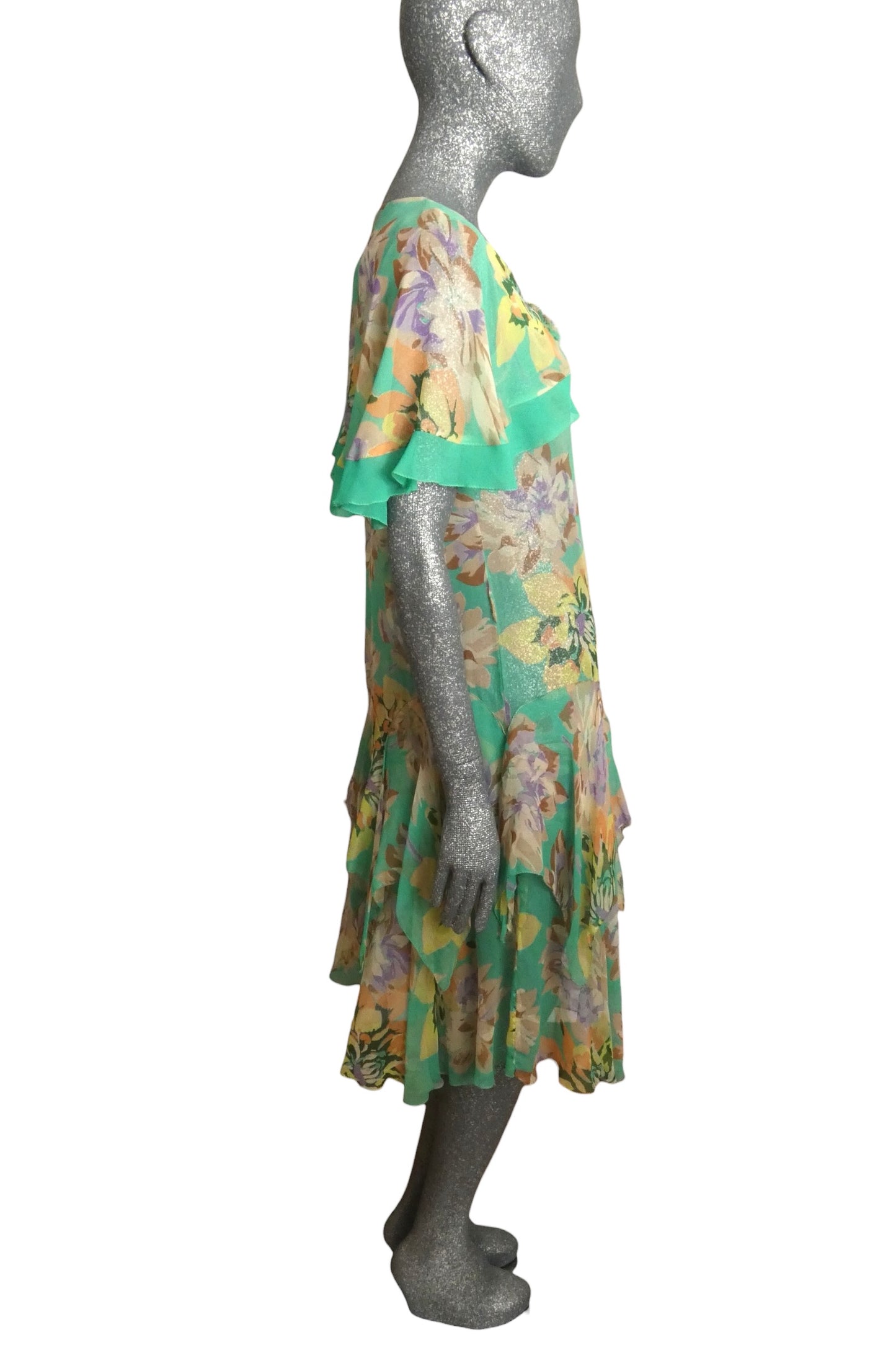 1920s Floral Chiffon Dress, Size 6