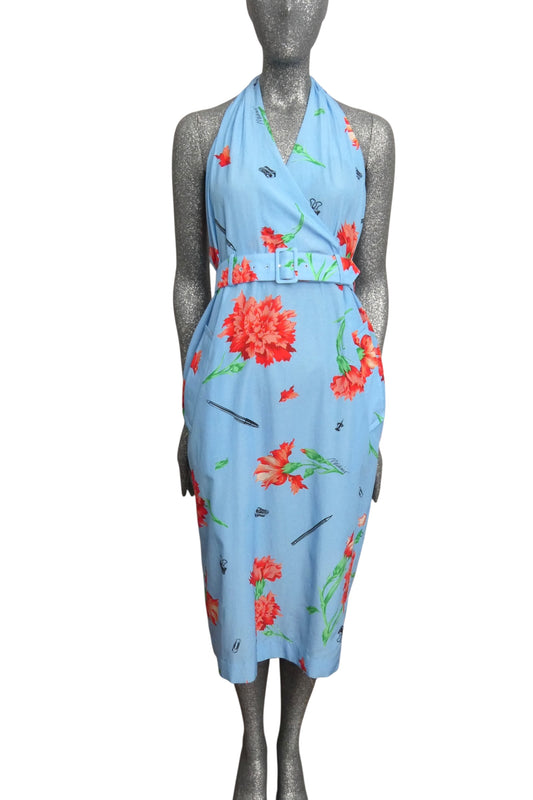 MOSCHINO COUTURE! - R2025 Blue & Red Floral Cotton Dress, Size-2