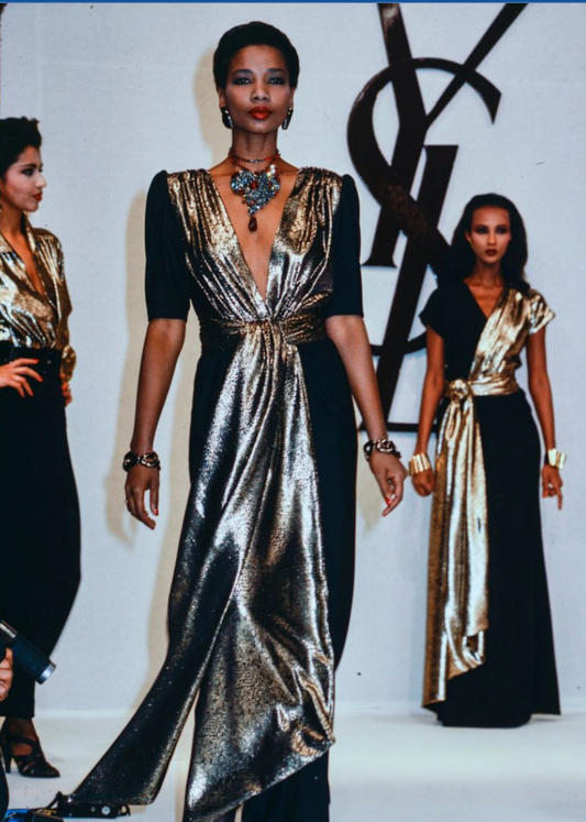 YVES SAINT LAURENT- 1986 Black & Gold Evening Gown, Size 10