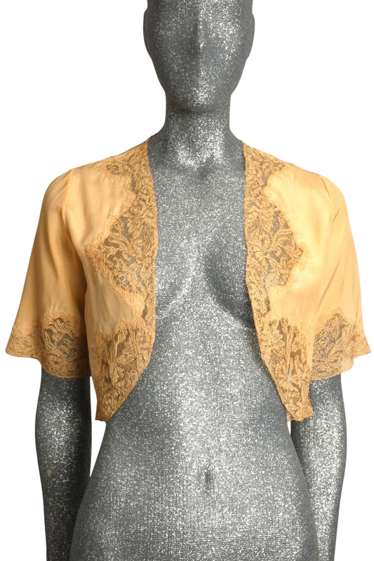 1930s Peach Silk & Lace Bed Jacket, Size-2