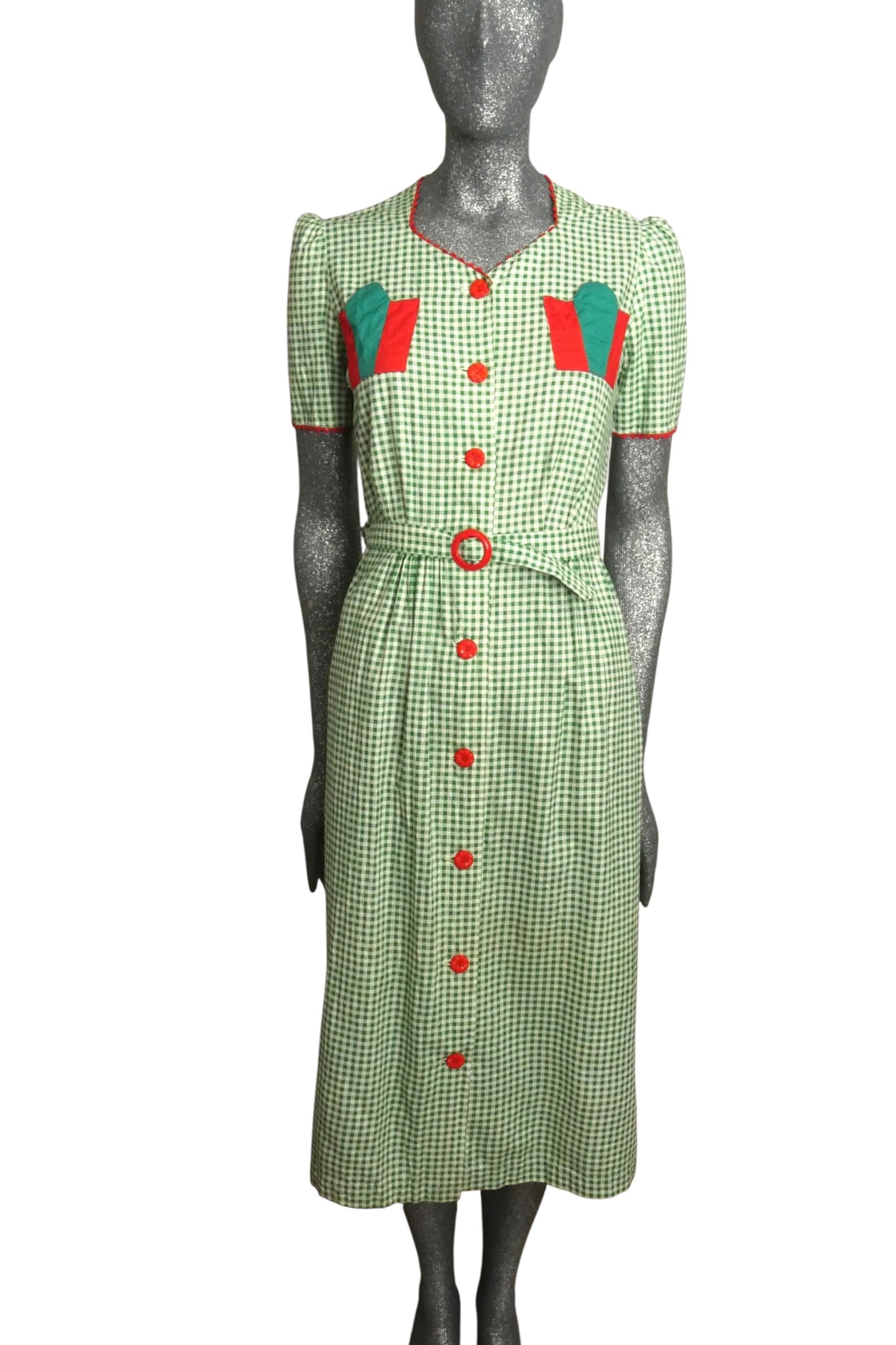 1930s Green Gingham Cotton Dress, Size-4