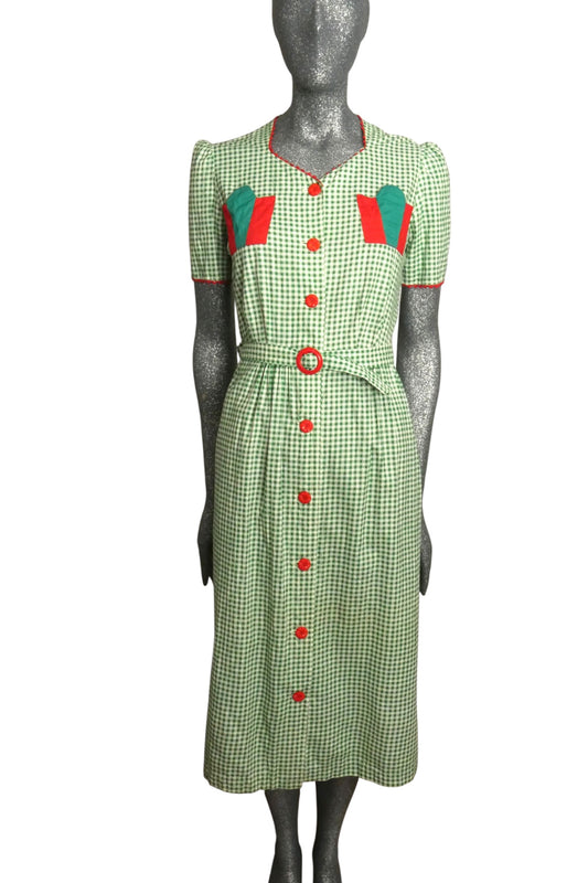 1930s Green Gingham Cotton Dress, Size-4