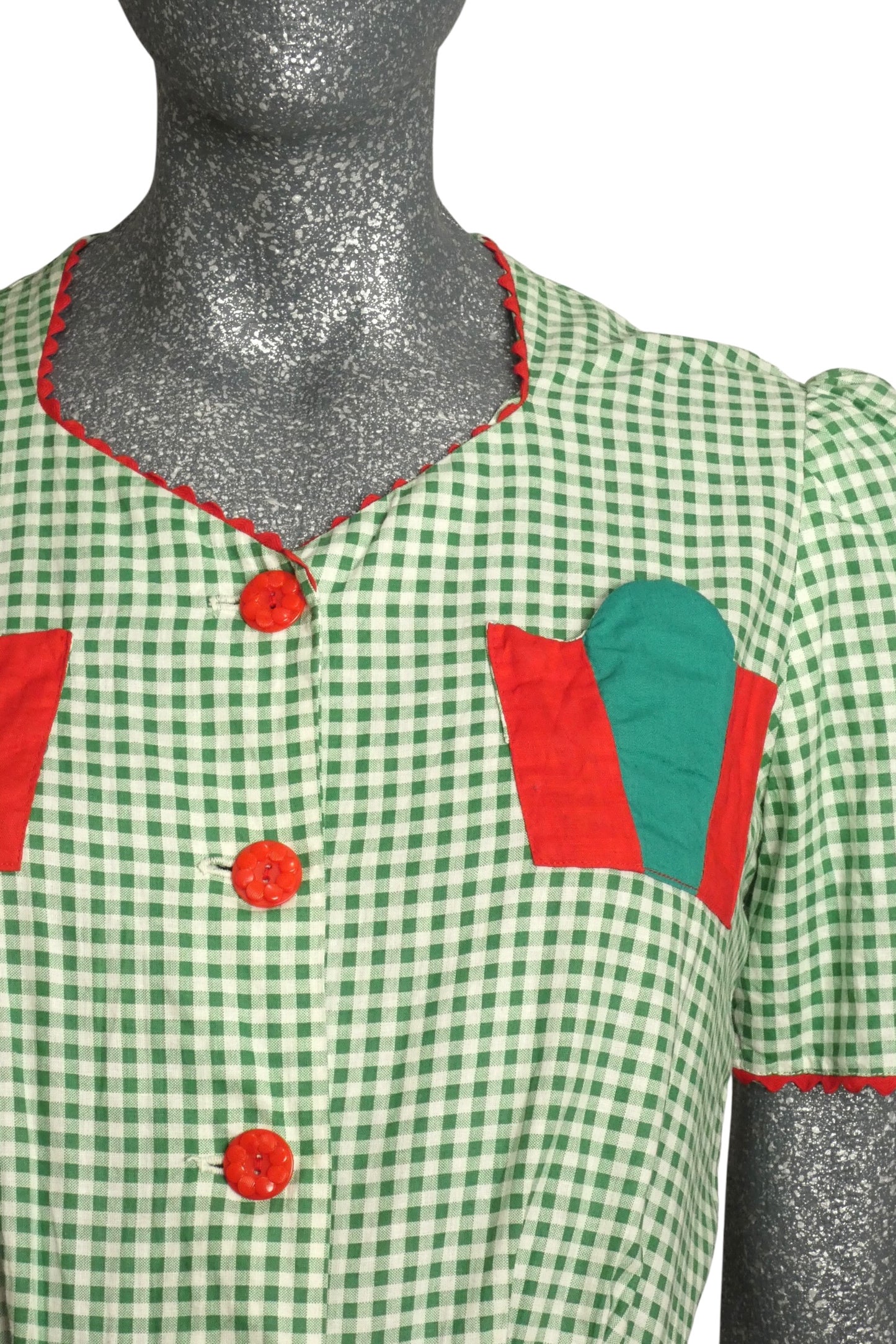 1930s Green Gingham Cotton Dress, Size-4