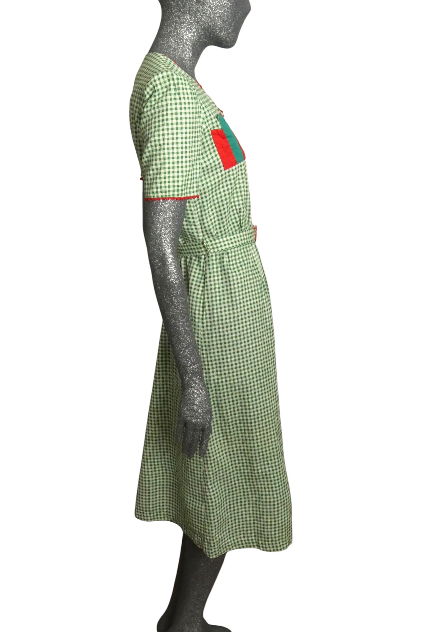 1930s Green Gingham Cotton Dress, Size-4