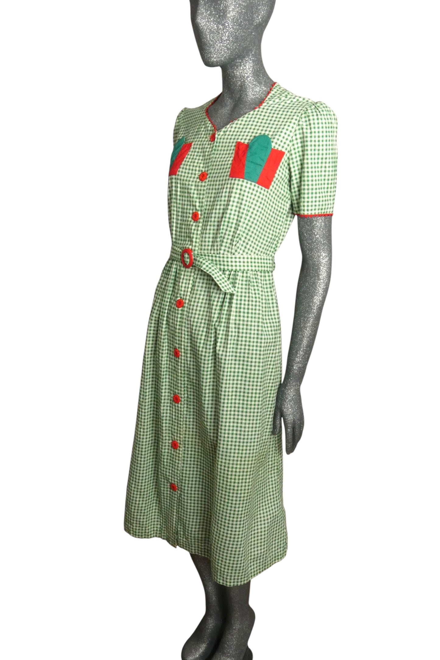 1930s Green Gingham Cotton Dress, Size-4