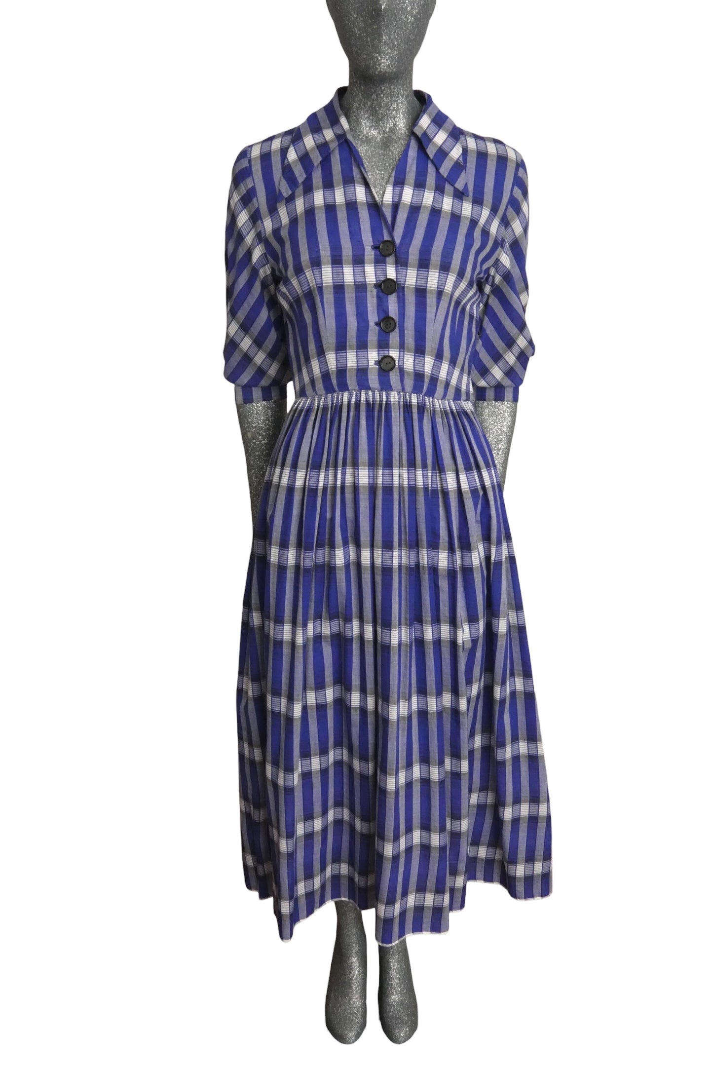 1940s Blue Cotton Plaid Dress, Size-2
