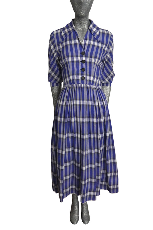 1940s Blue Cotton Plaid Dress, Size-2