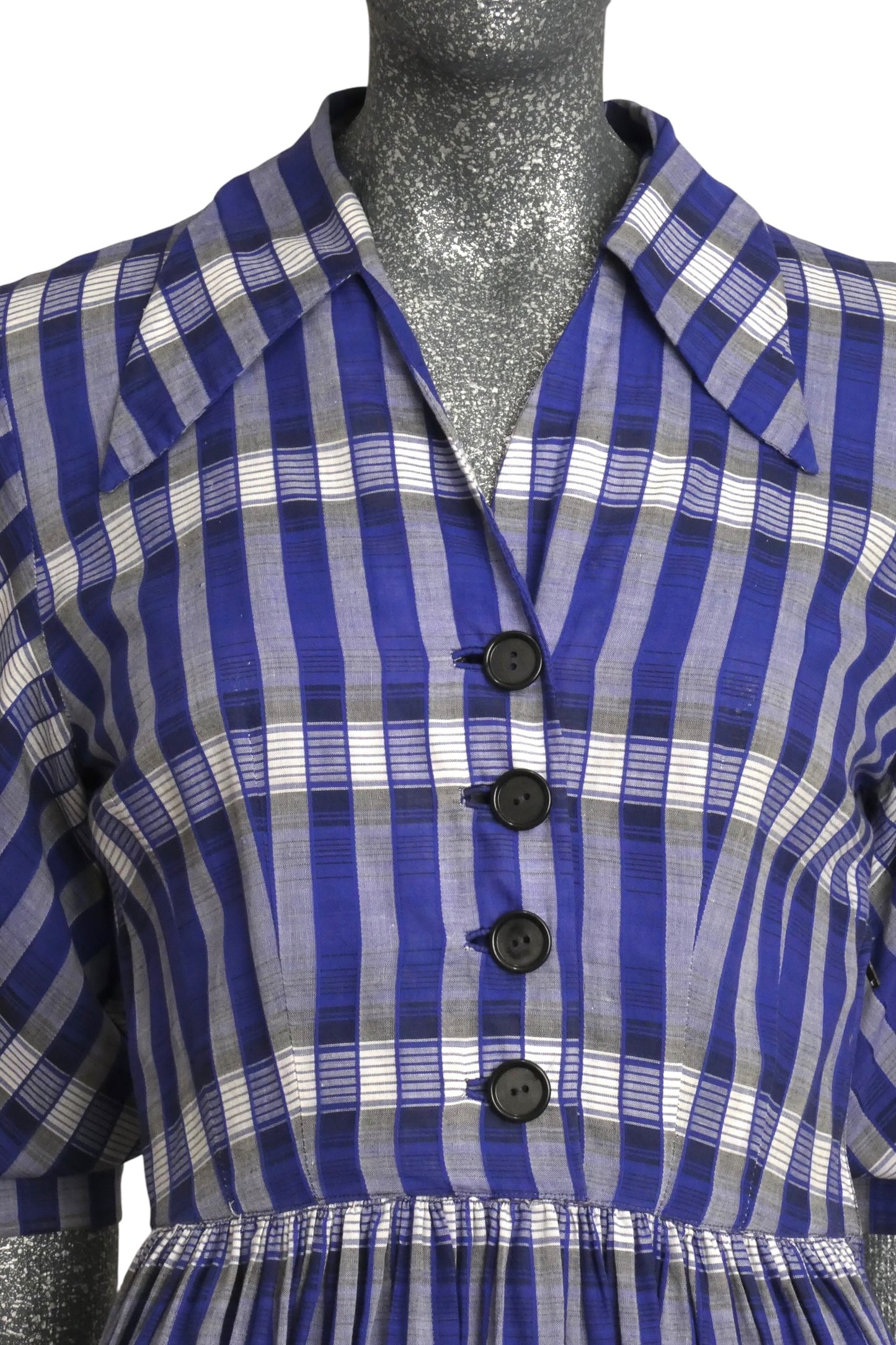 1940s Blue Cotton Plaid Dress, Size-2