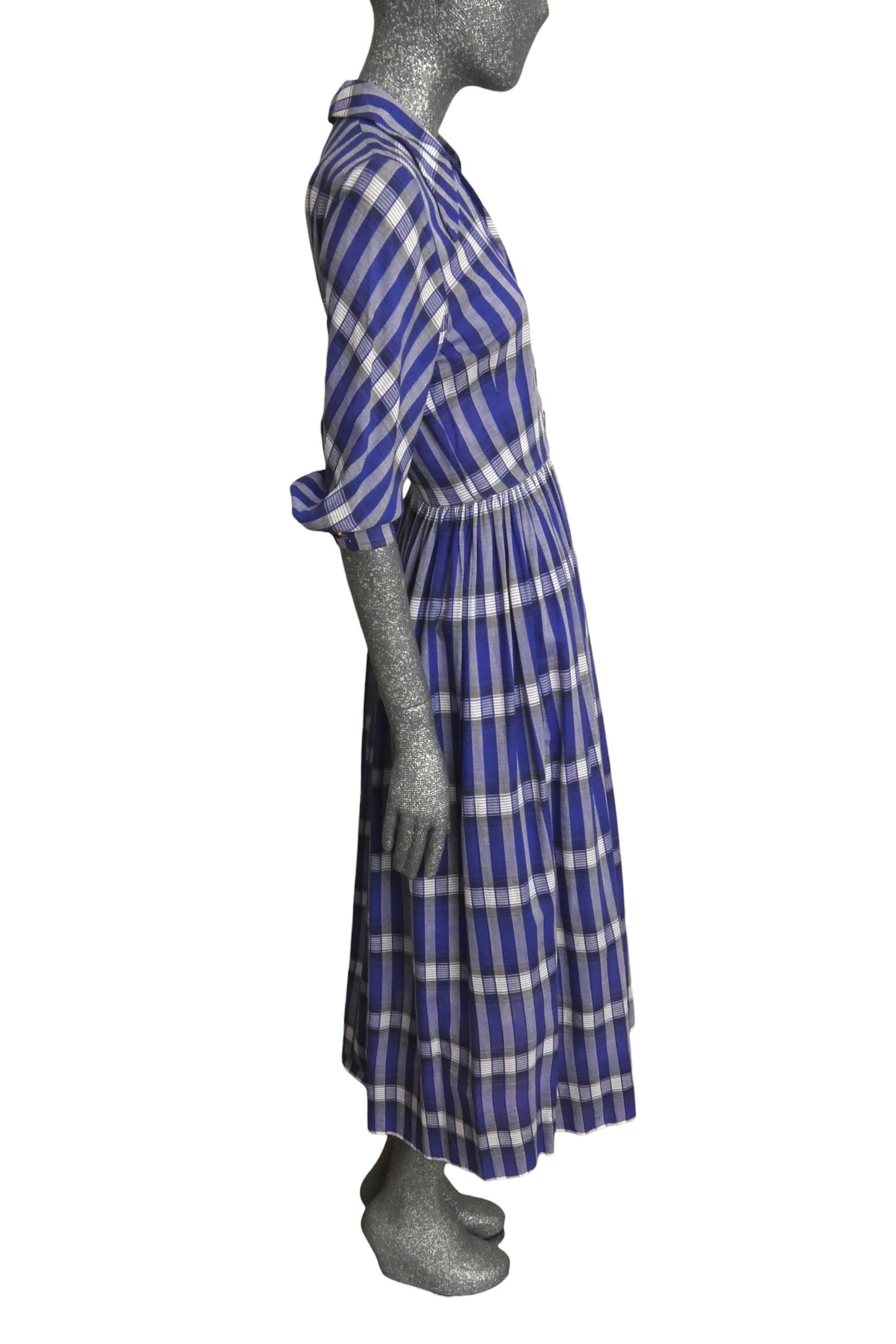 1940s Blue Cotton Plaid Dress, Size-2