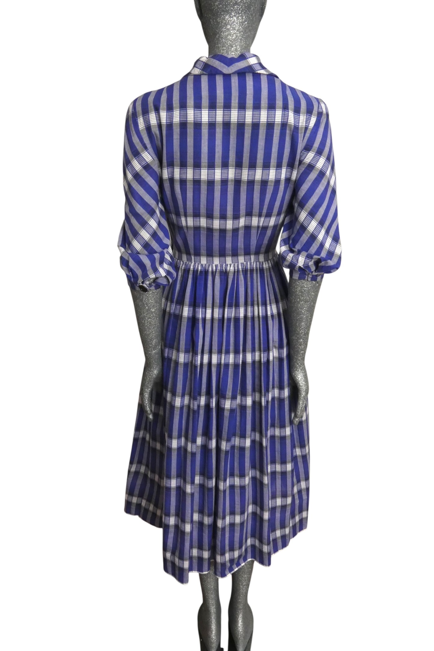 1940s Blue Cotton Plaid Dress, Size-2