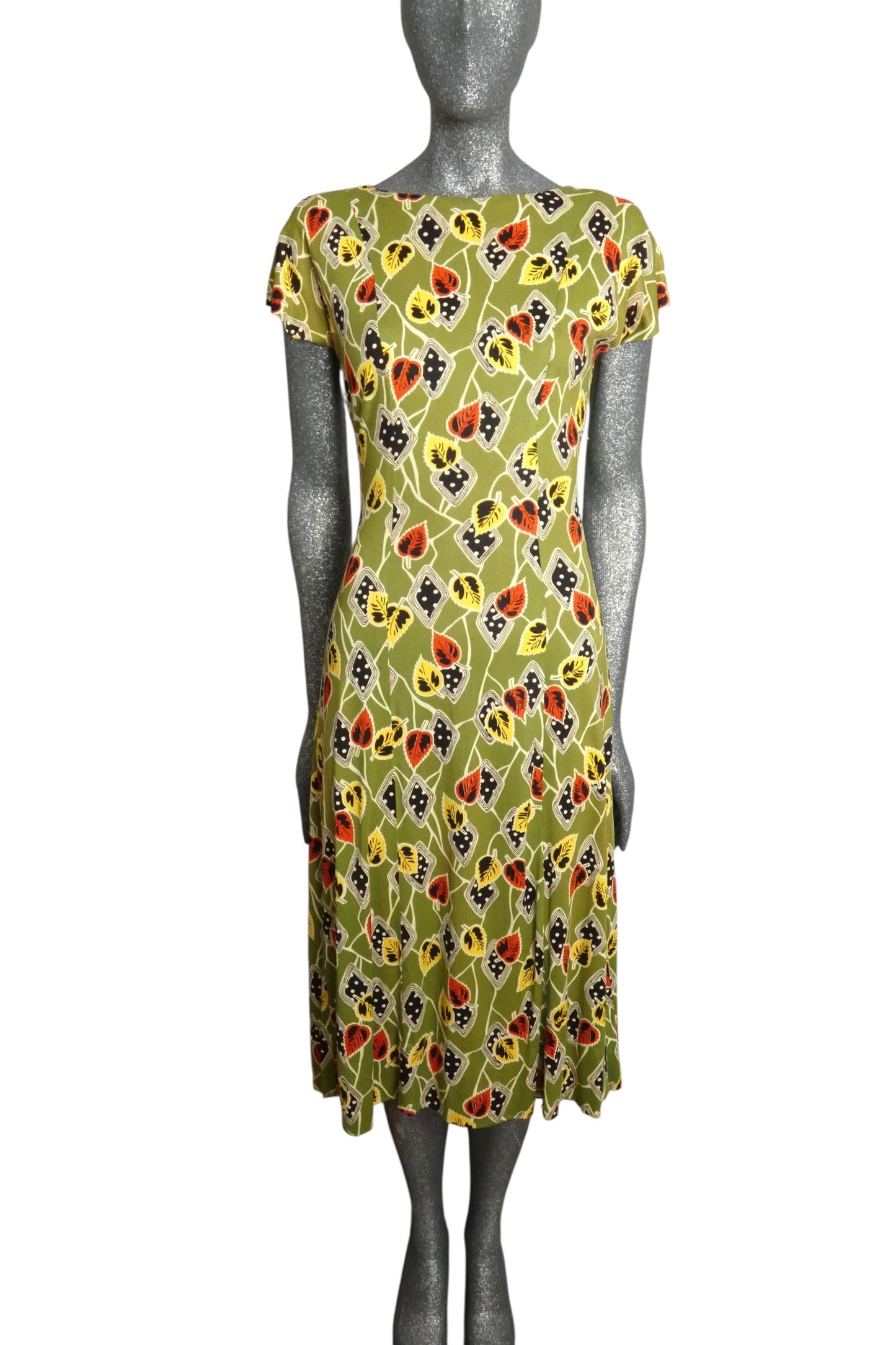 1940s Leaf Print Jersey Knit Dress, Size-4