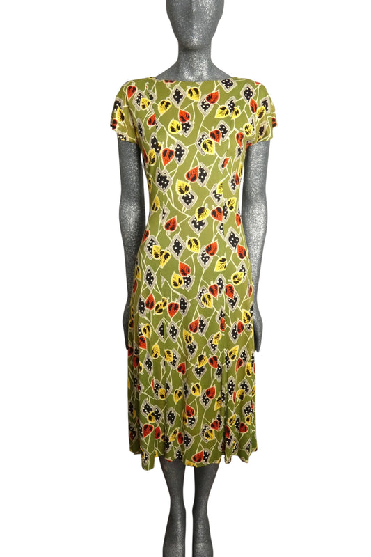 1940s Leaf Print Jersey Knit Dress, Size-4