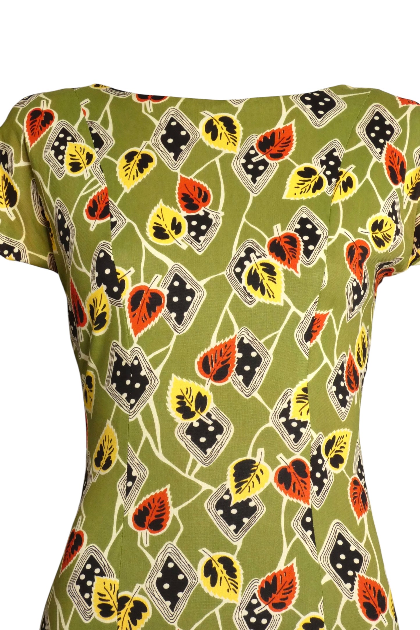 1940s Leaf Print Jersey Knit Dress, Size-4