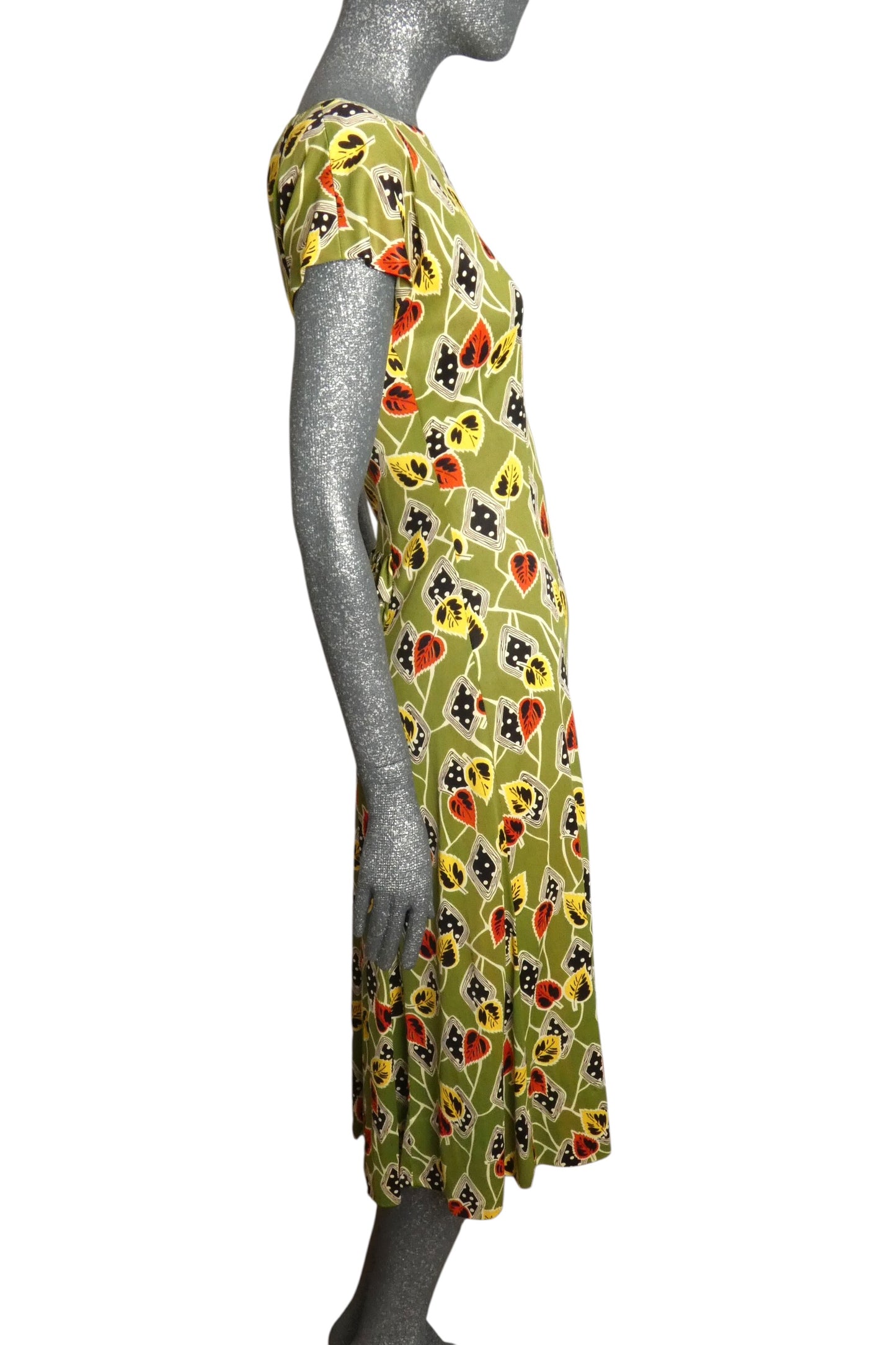 1940s Leaf Print Jersey Knit Dress, Size-4
