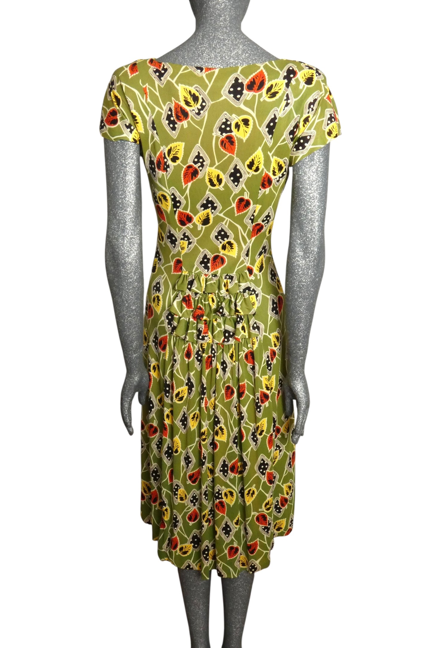 1940s Leaf Print Jersey Knit Dress, Size-4