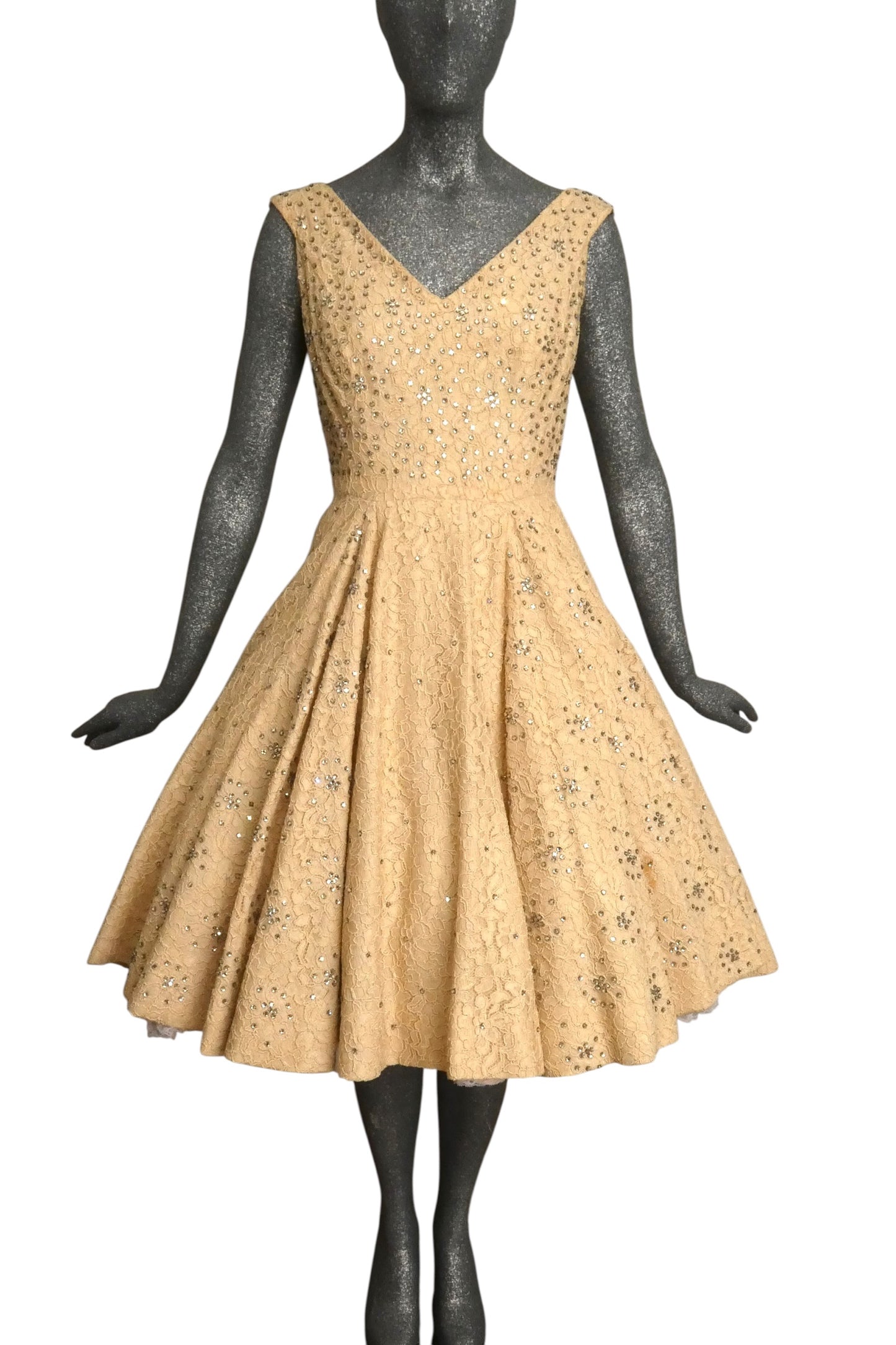 1950s Ivory Lace & Rhinestone Cocktail Dress, Size-6