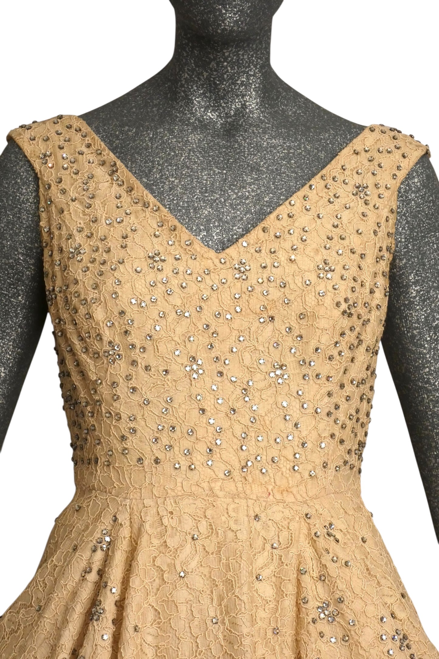 1950s Ivory Lace & Rhinestone Cocktail Dress, Size-6