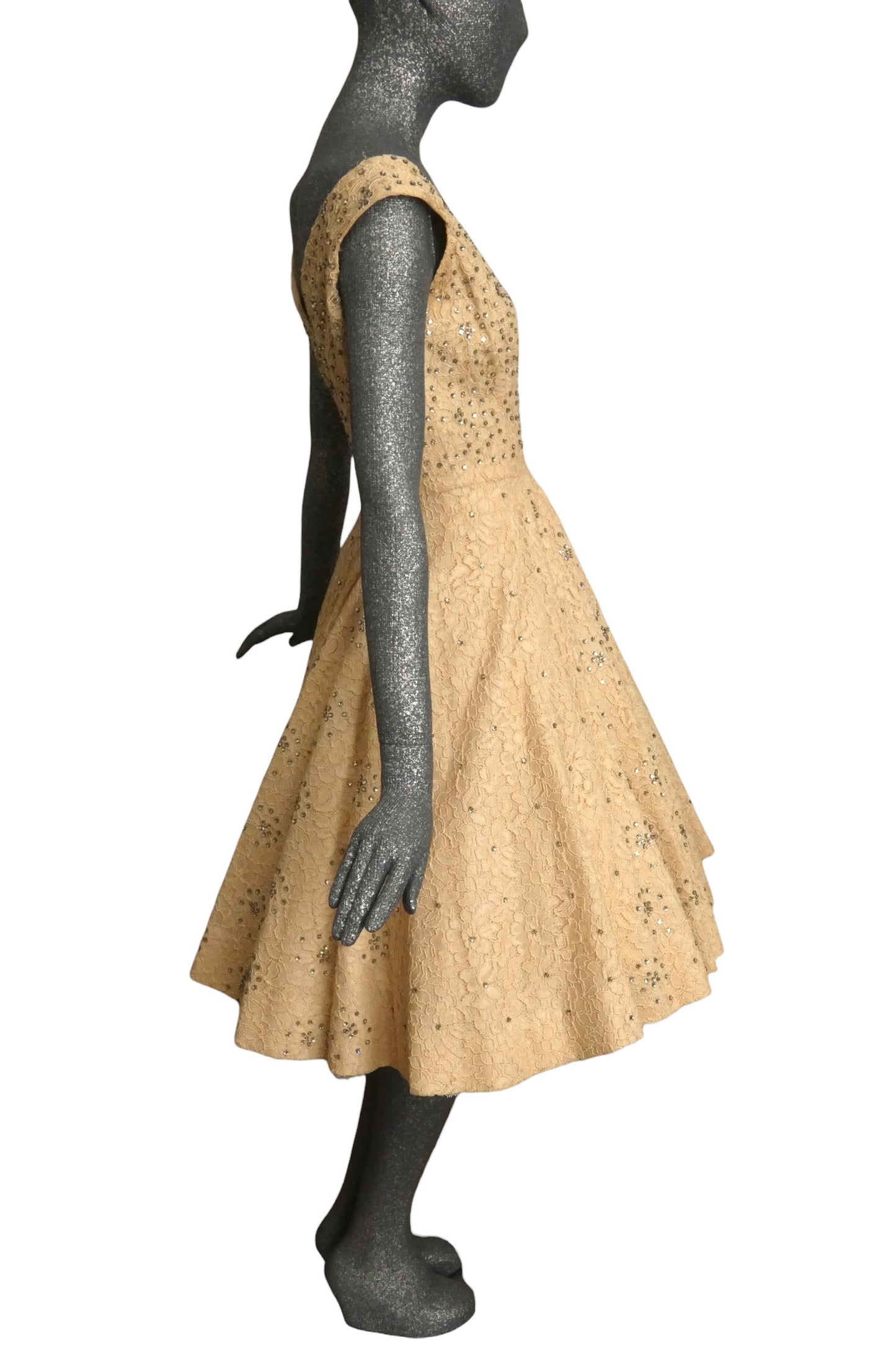 1950s Ivory Lace & Rhinestone Cocktail Dress, Size-6