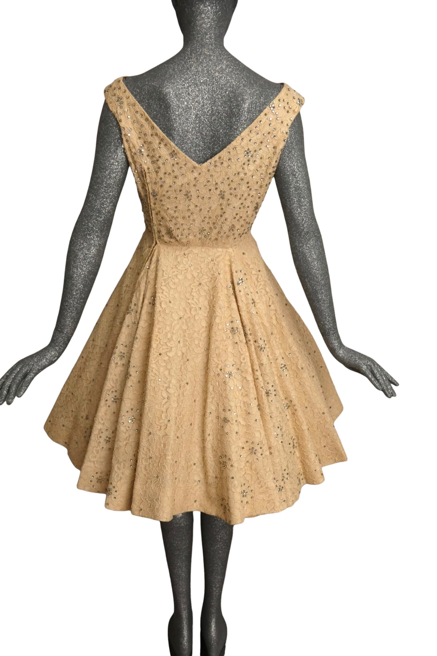 1950s Ivory Lace & Rhinestone Cocktail Dress, Size-6