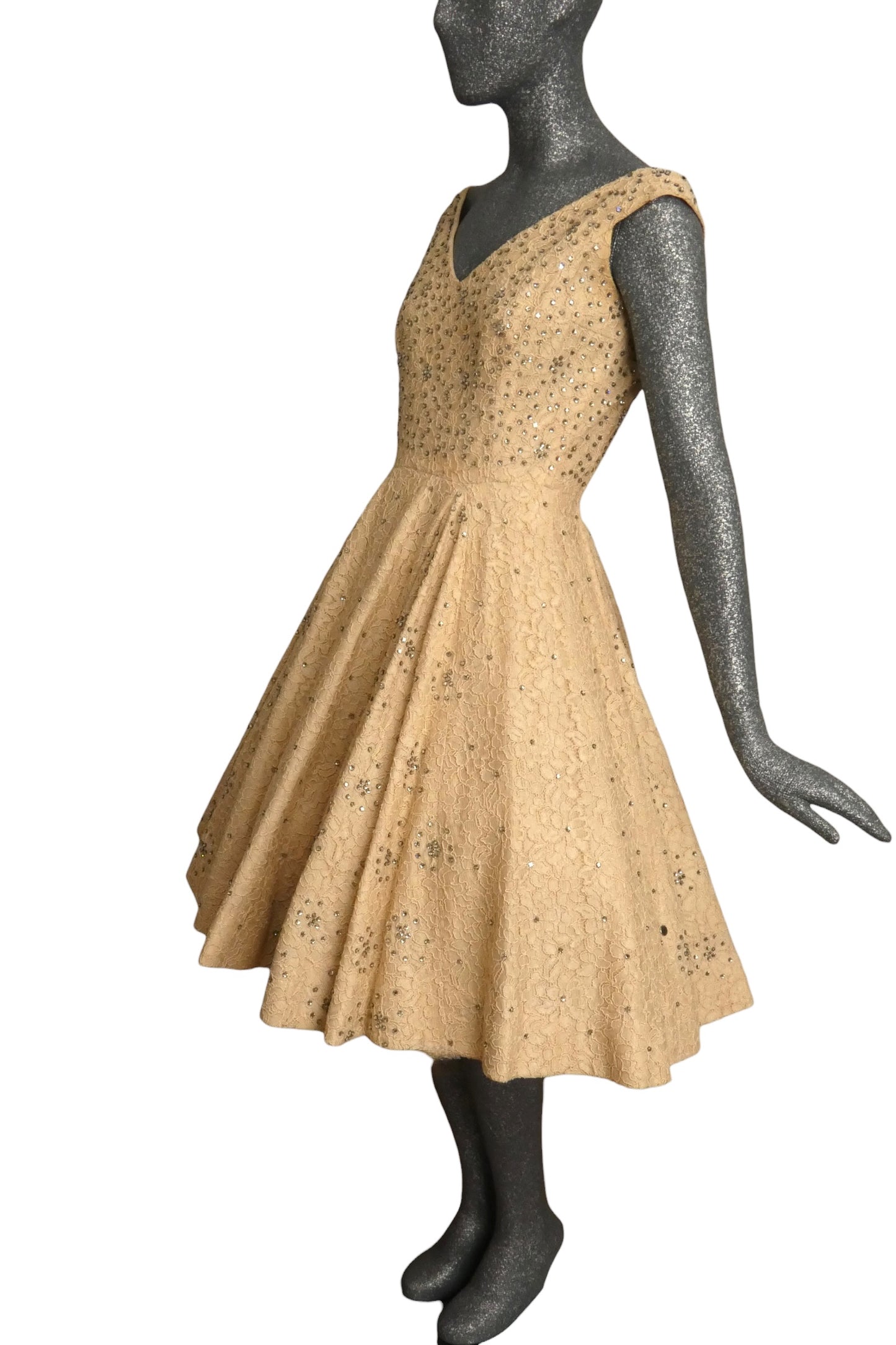 1950s Ivory Lace & Rhinestone Cocktail Dress, Size-6