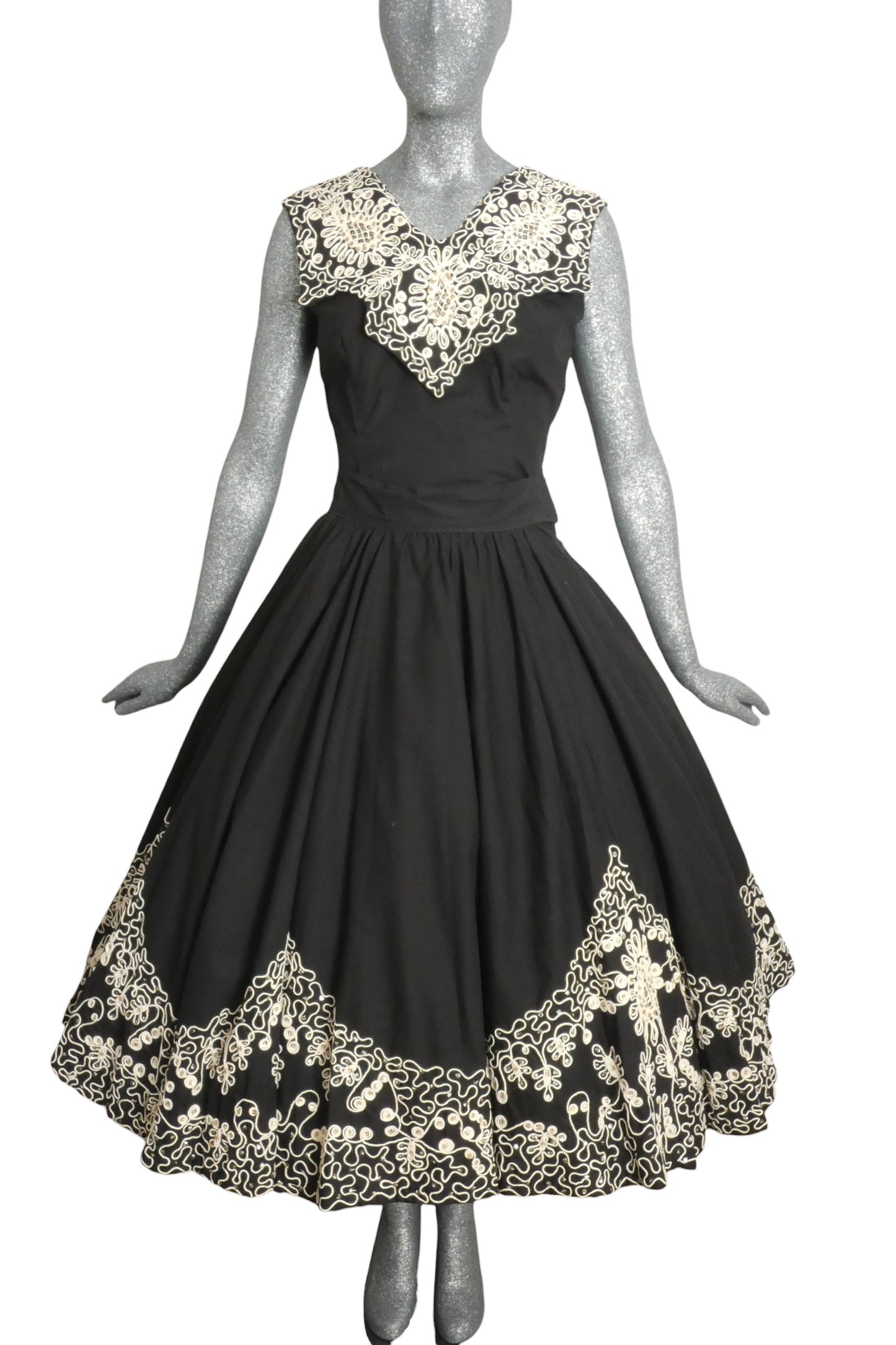 1950s Black Soutache Cotton Circle Skirt & Top, Size-2