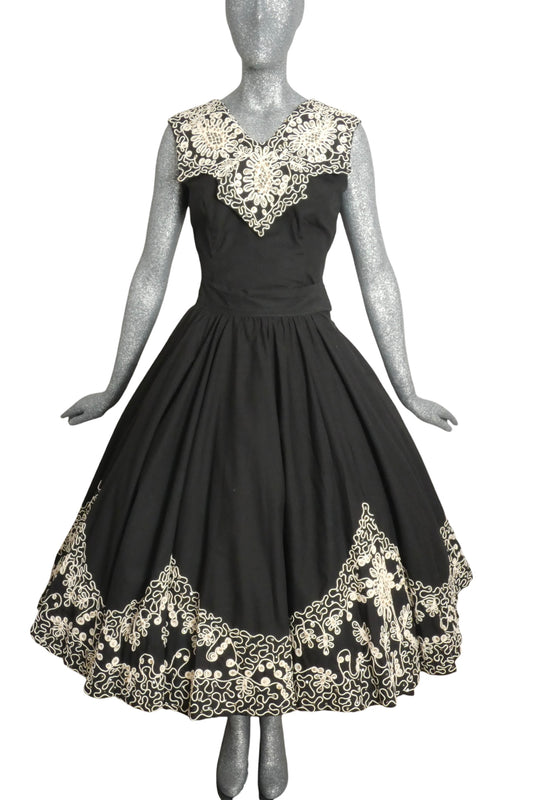 1950s Black Soutache Cotton Circle Skirt & Top, Size-2