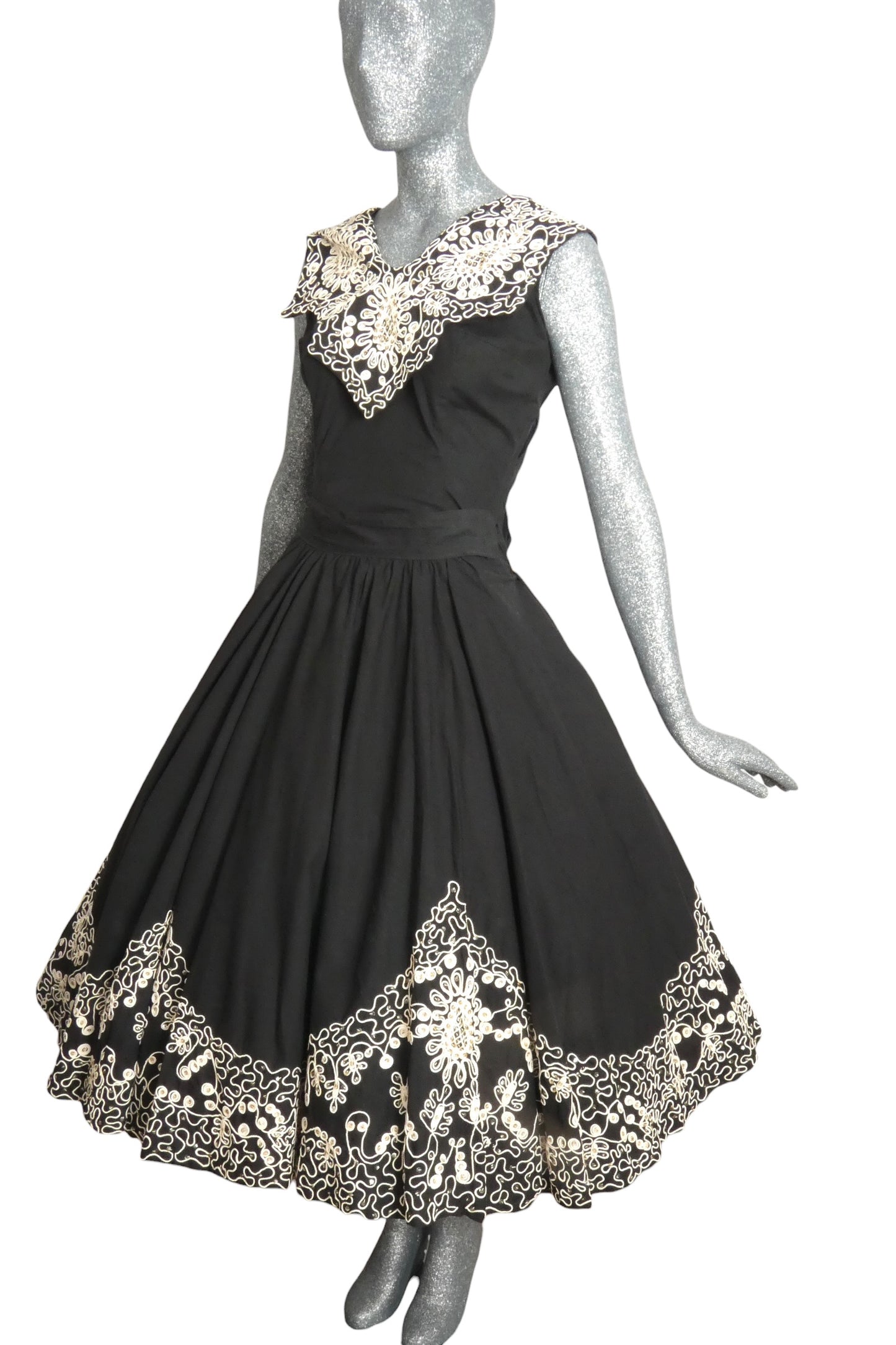 1950s Black Soutache Cotton Circle Skirt & Top, Size-2