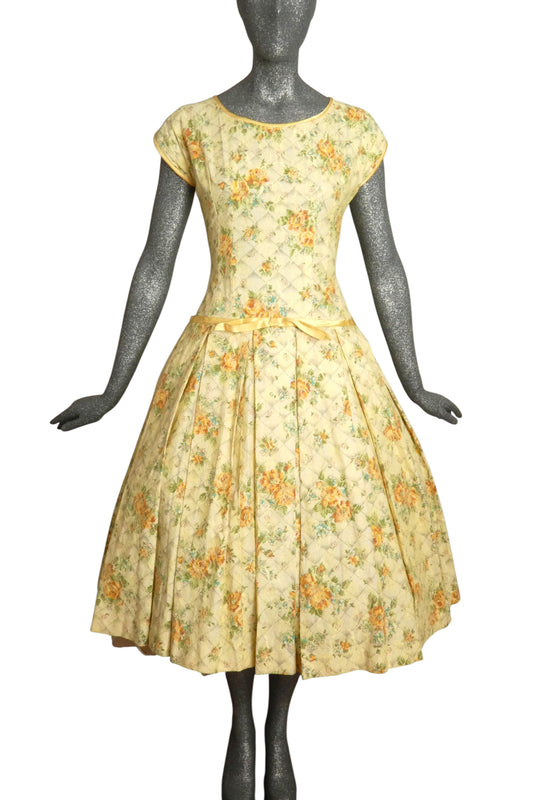 1950s Yellow Floral Cotton & Lace Dress, Size-4