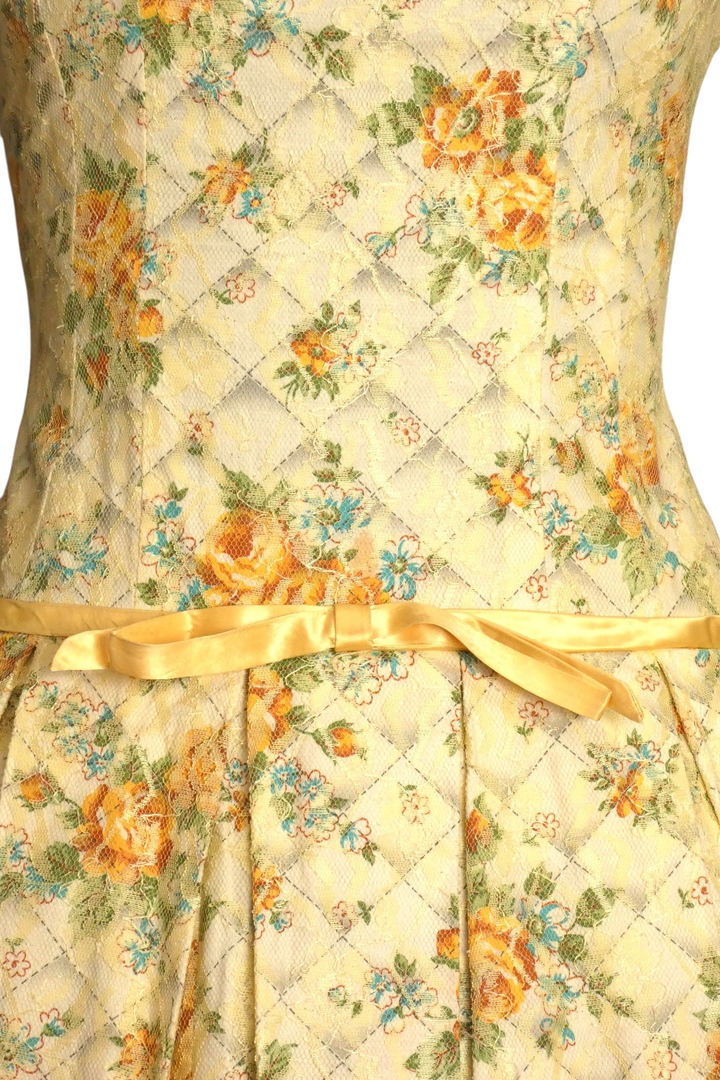 1950s Yellow Floral Cotton & Lace Dress, Size-4