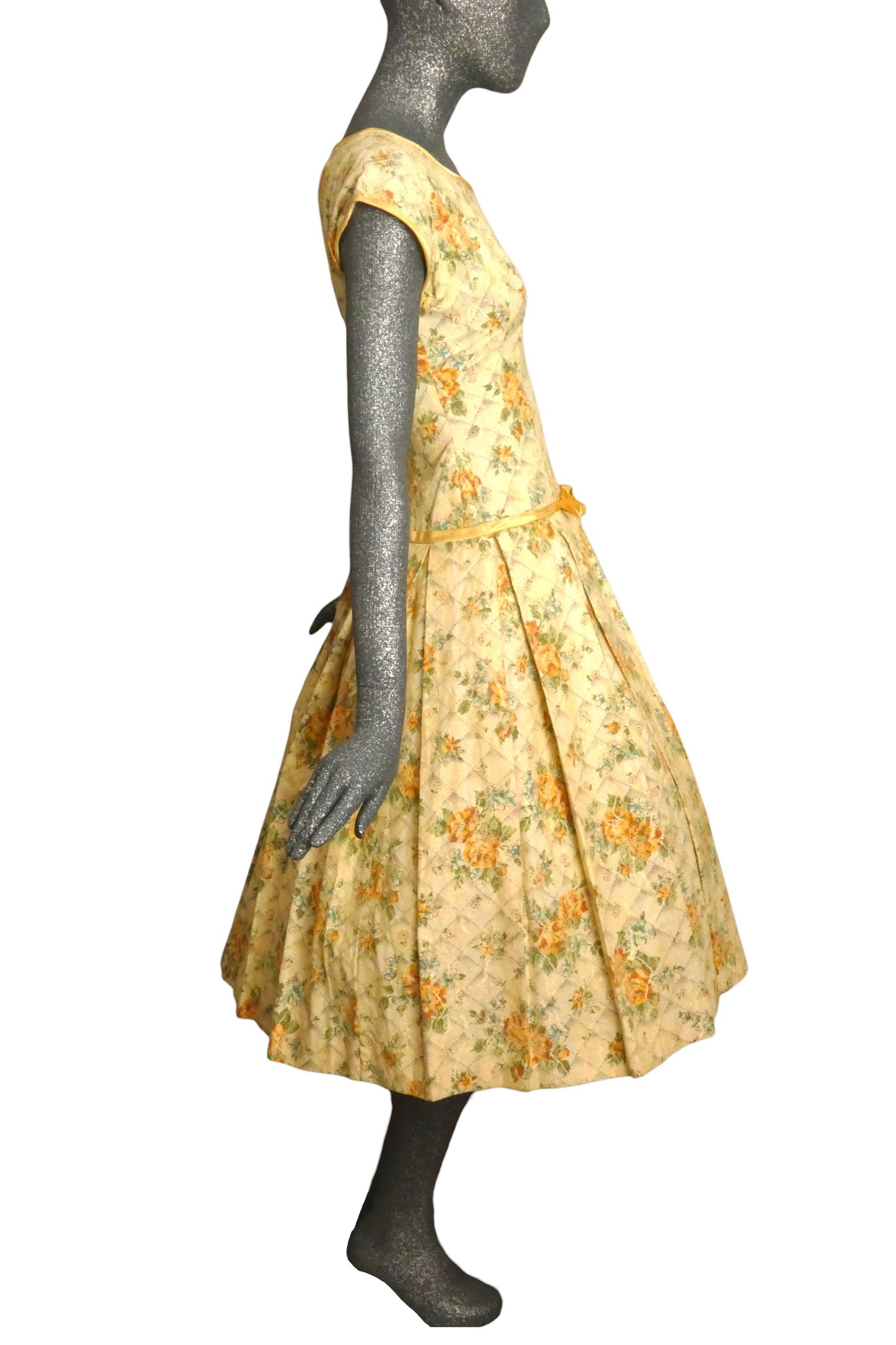 1950s Yellow Floral Cotton & Lace Dress, Size-4