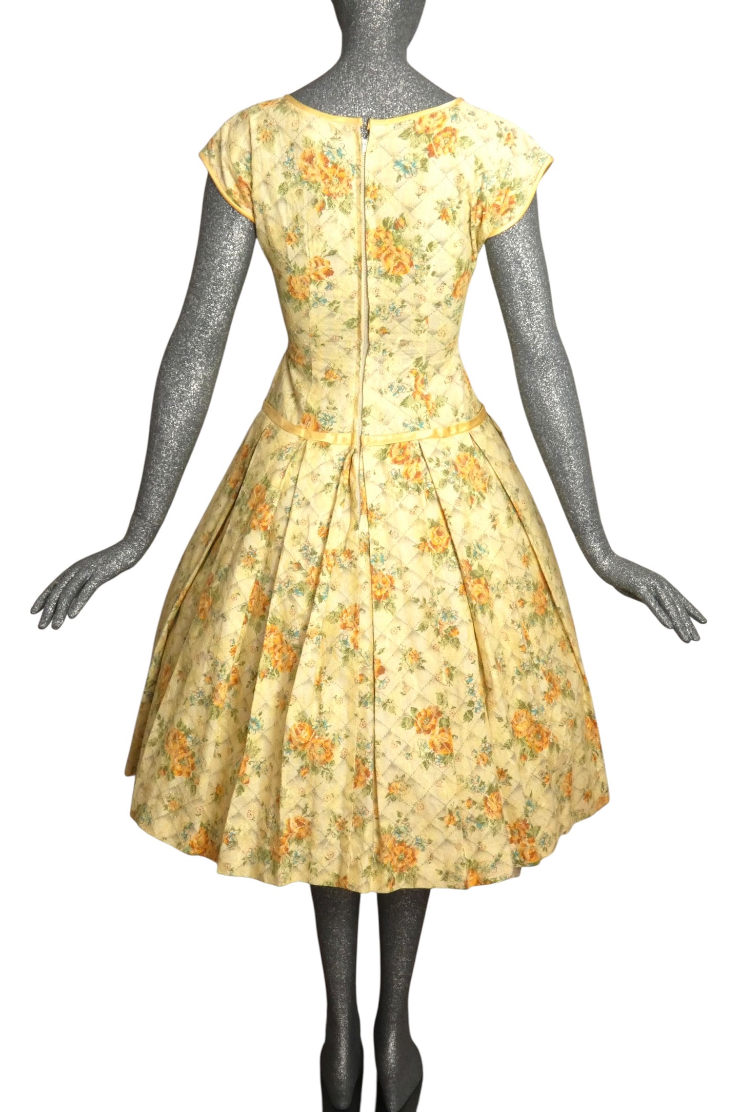 1950s Yellow Floral Cotton & Lace Dress, Size-4