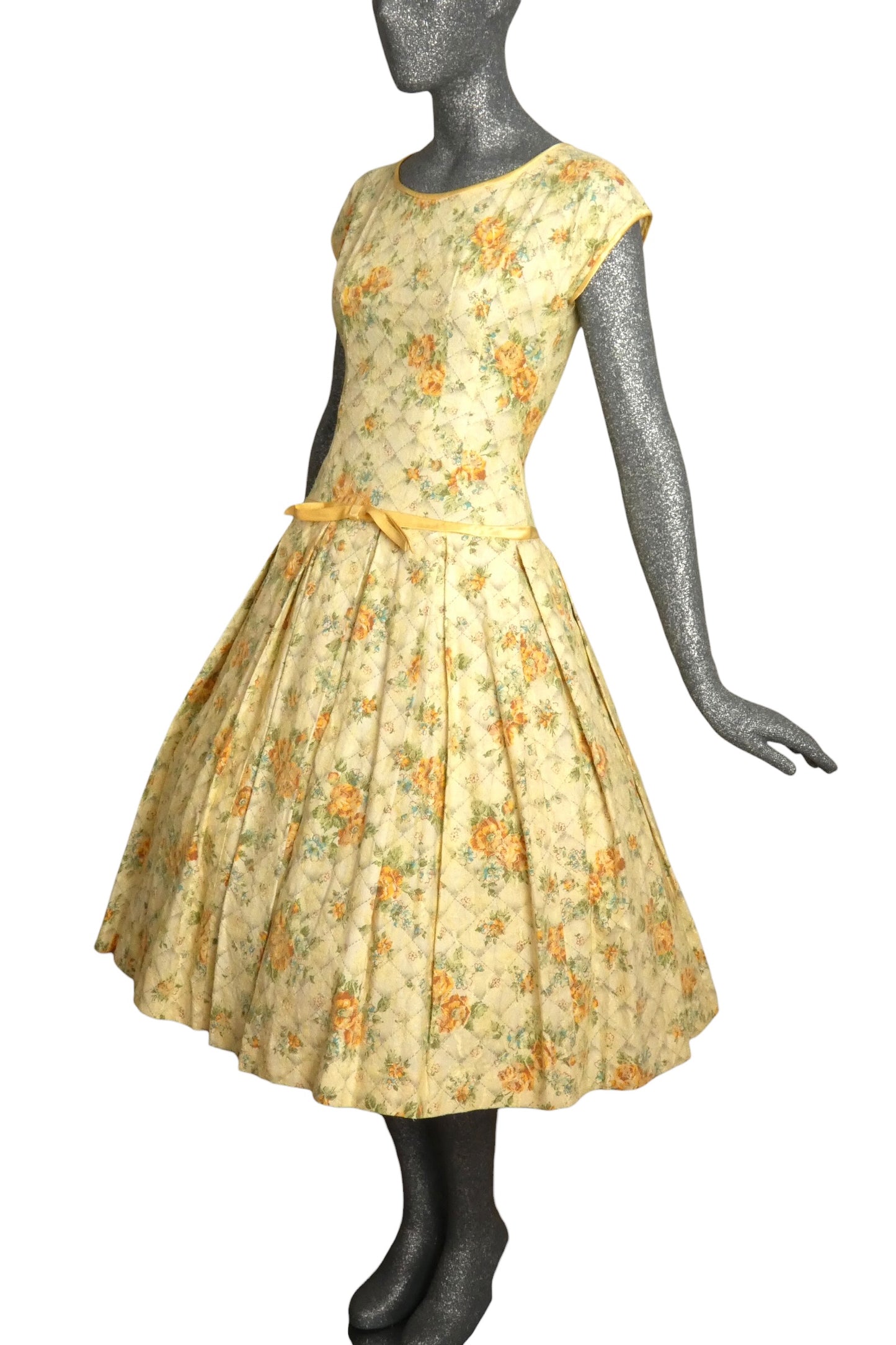 1950s Yellow Floral Cotton & Lace Dress, Size-4