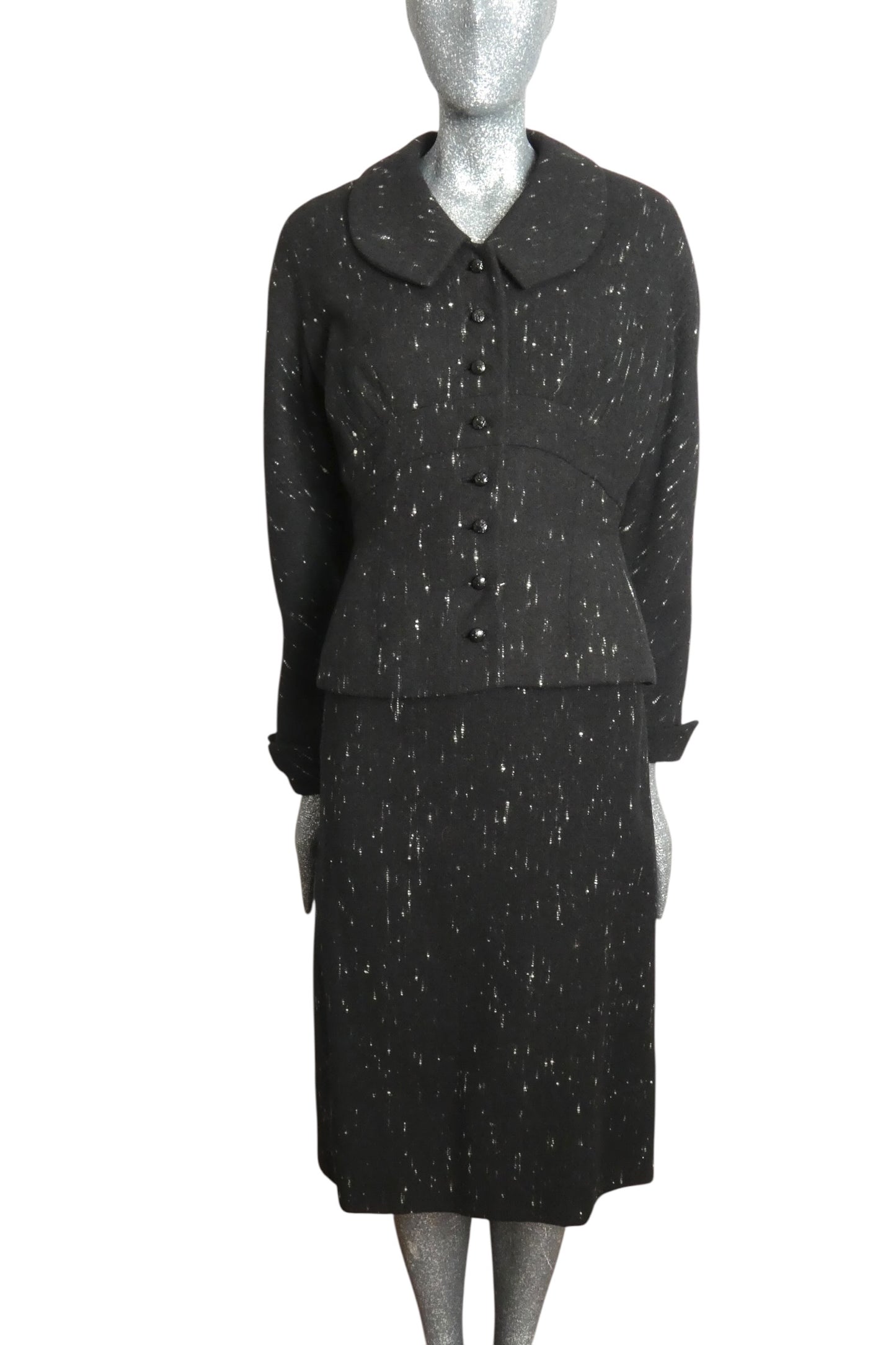 1950s Black & White Wool Tweed Suit, Size-6