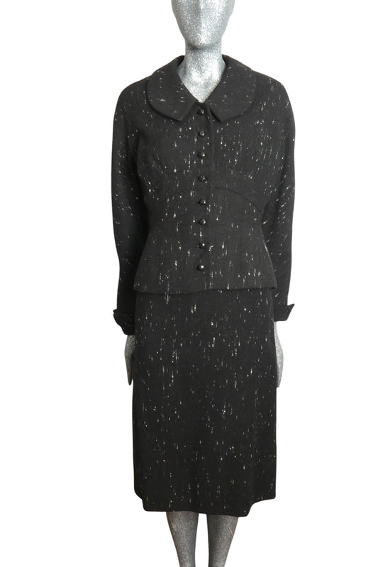 1950s Black & White Wool Tweed Suit, Size-6