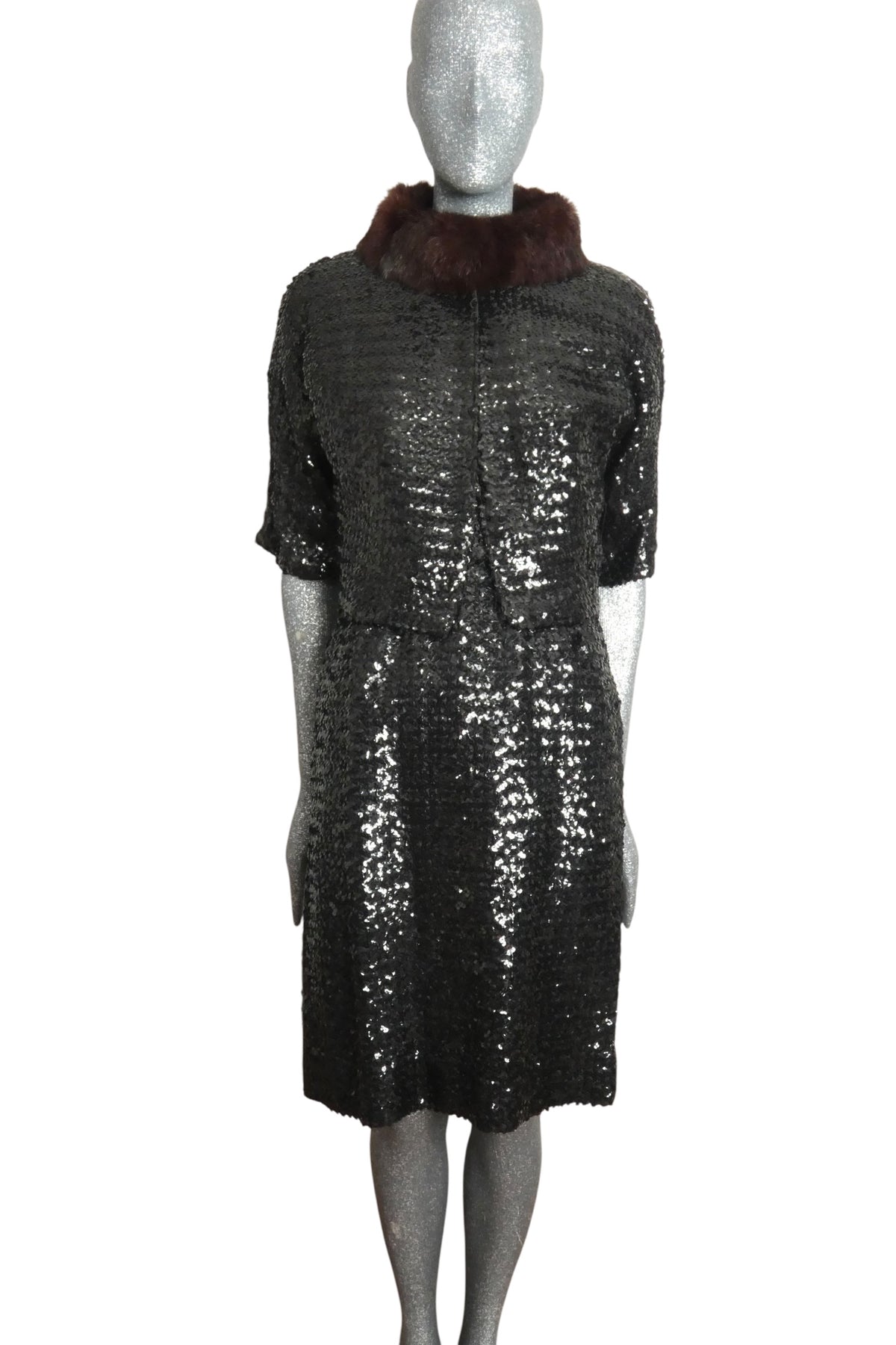 1960s Black Sequin Cocktail Dress & Jacket, Size-4